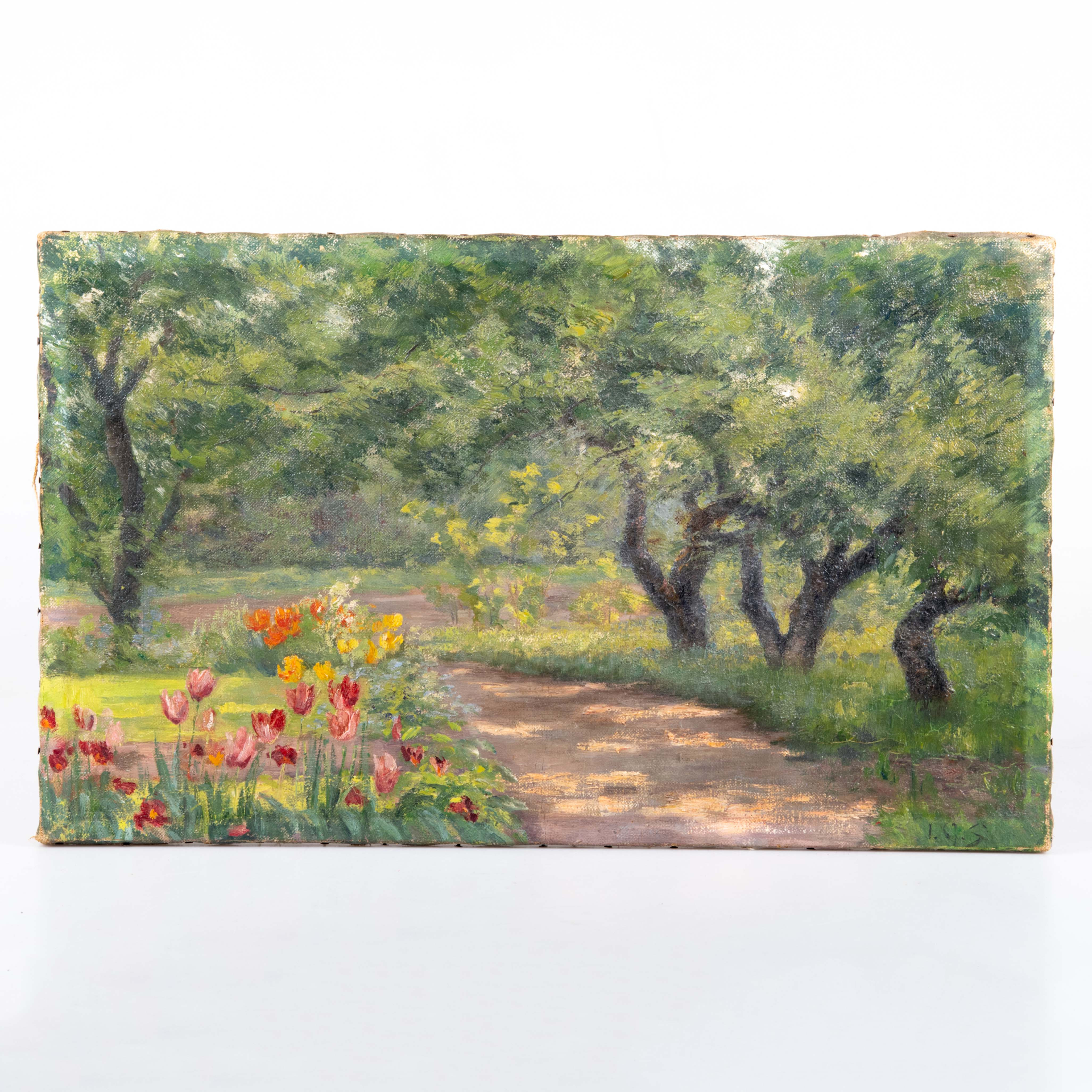 IDA GISIKO-SPÄRCK (1859–1940). Olja på duk, Parkmotiv med blomster.