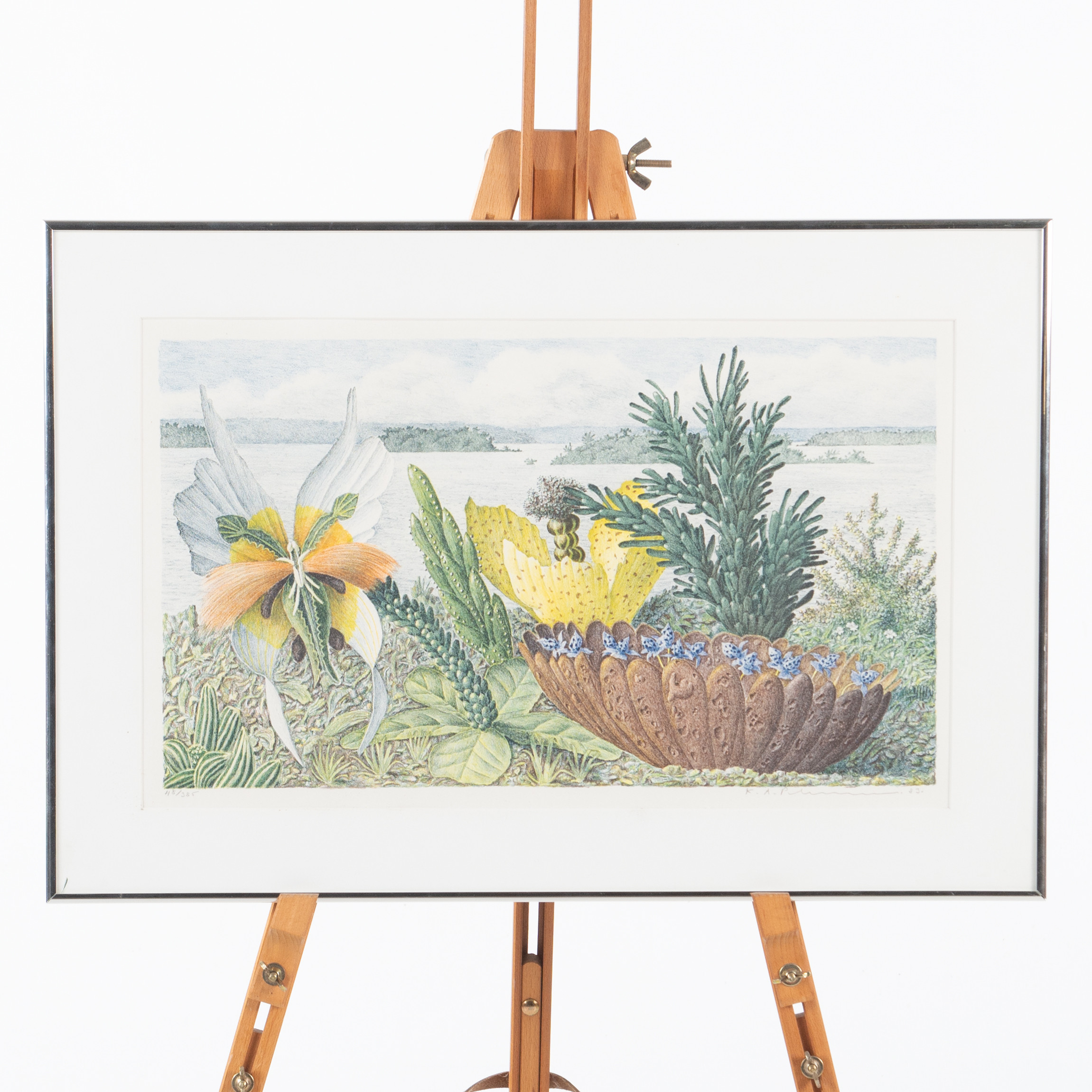 KARL AXEL PERSSON. Ö med blommor i förgrunden, färglitografi, signerad. numrerad 48/385.