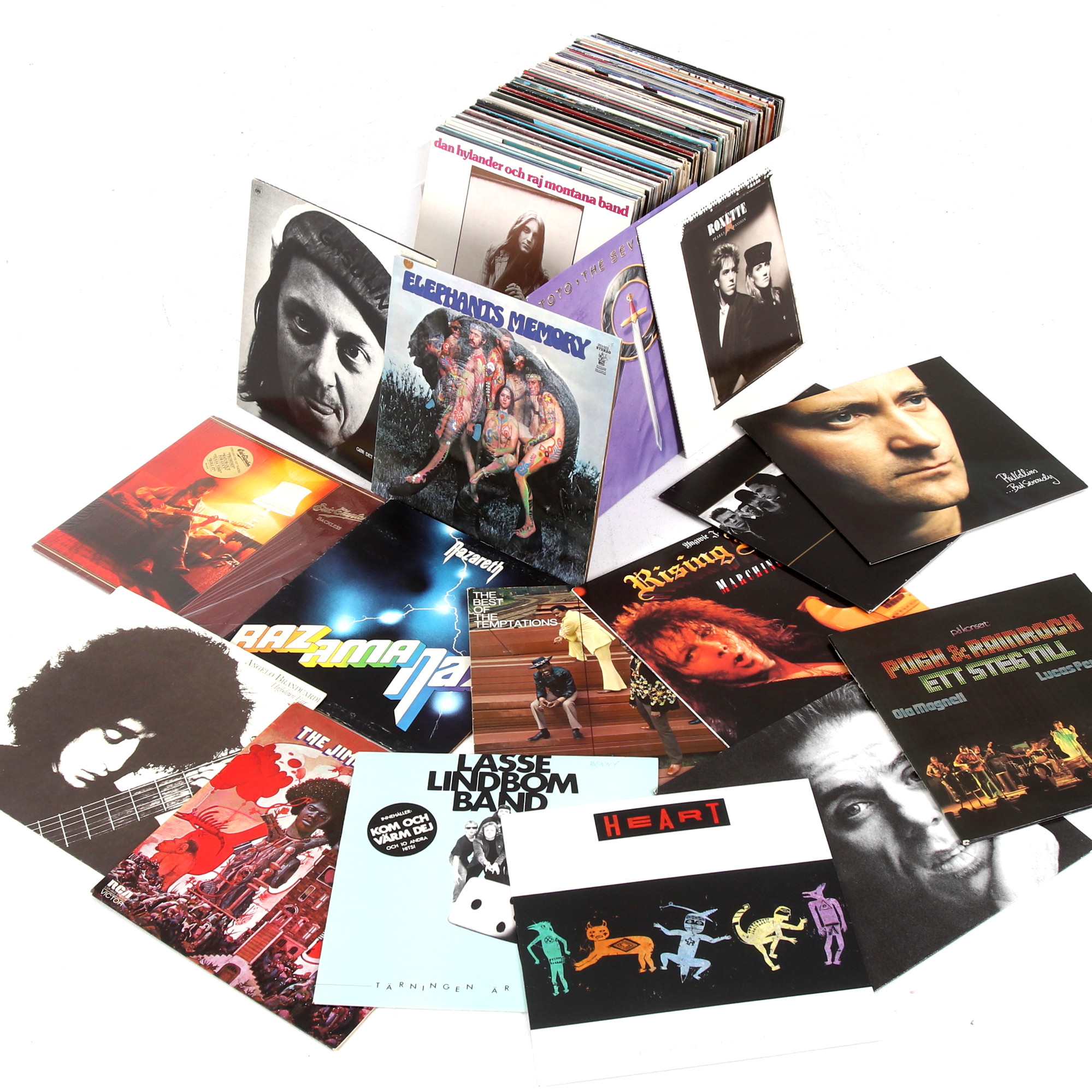 LP-SKIVOR, 110 st, Rock och pop, bl.a. Toto, Elephants Memory, Eric Clapton, Madonna, Roxette, Nazareth, Temptations, Yngwie Malmsteen, U2, Phil Collins, Heart, Gasolin, Björn Afzelius, Treat, Rod Stewart mfl. mestadels 1980-tal.