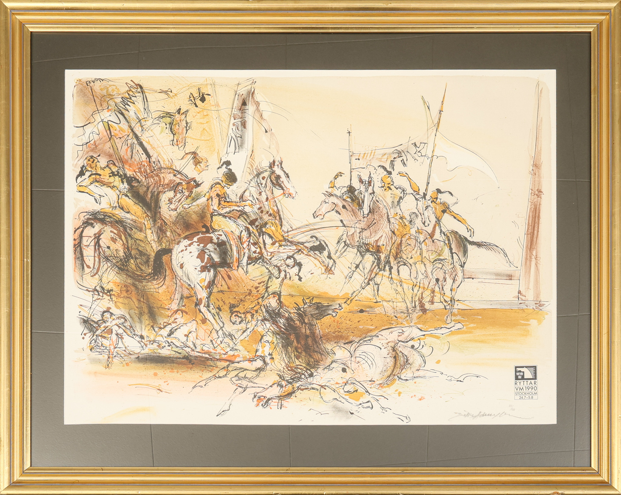 BO ÅKE ADAMSSON. Litografi, Ryttar VM 1990 Stockholm, signerad och numrerad.