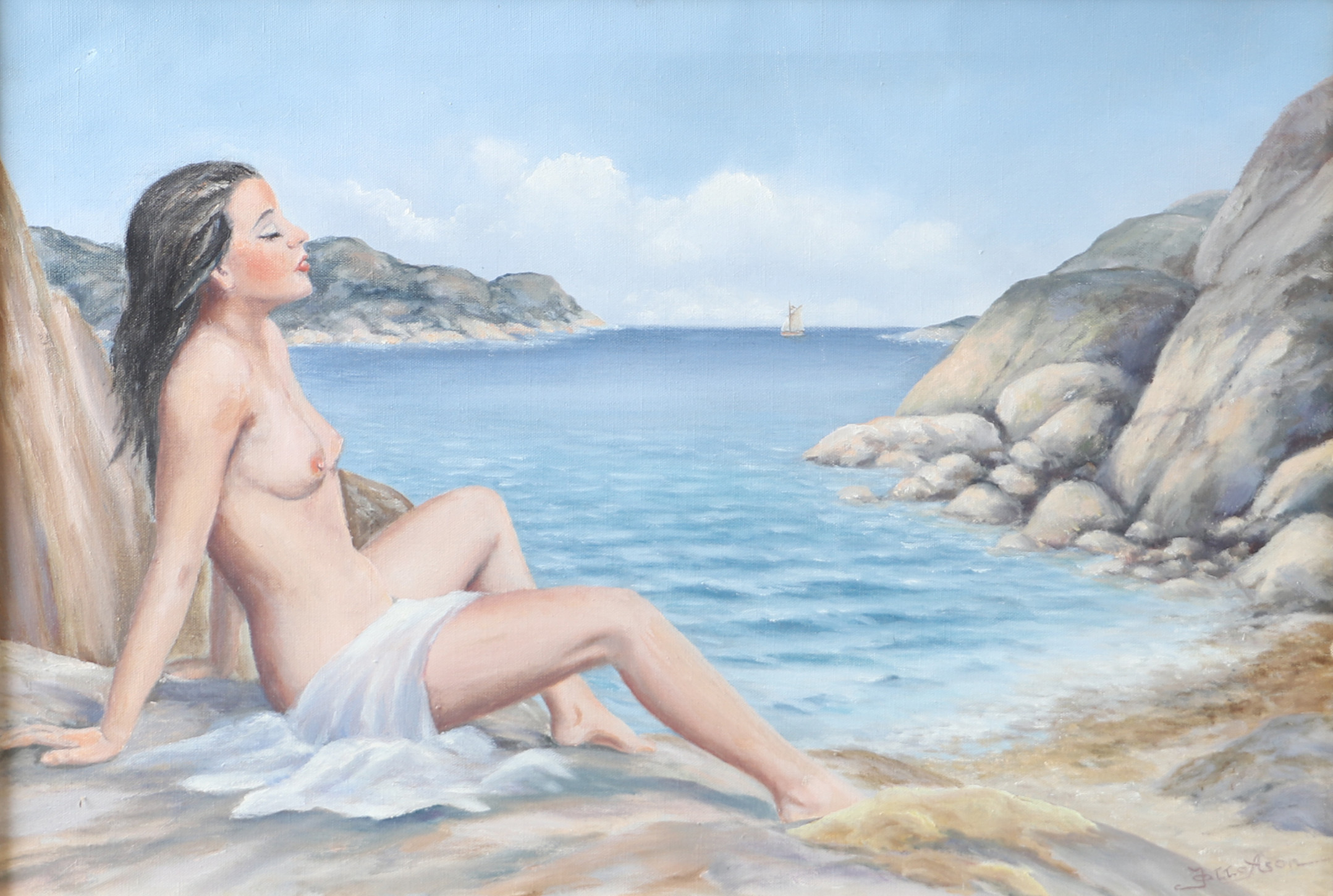 OIDENTIFIERAD KONSTNÄR. Solbadande kvinna, olja på duk, signerad Jette Ason.