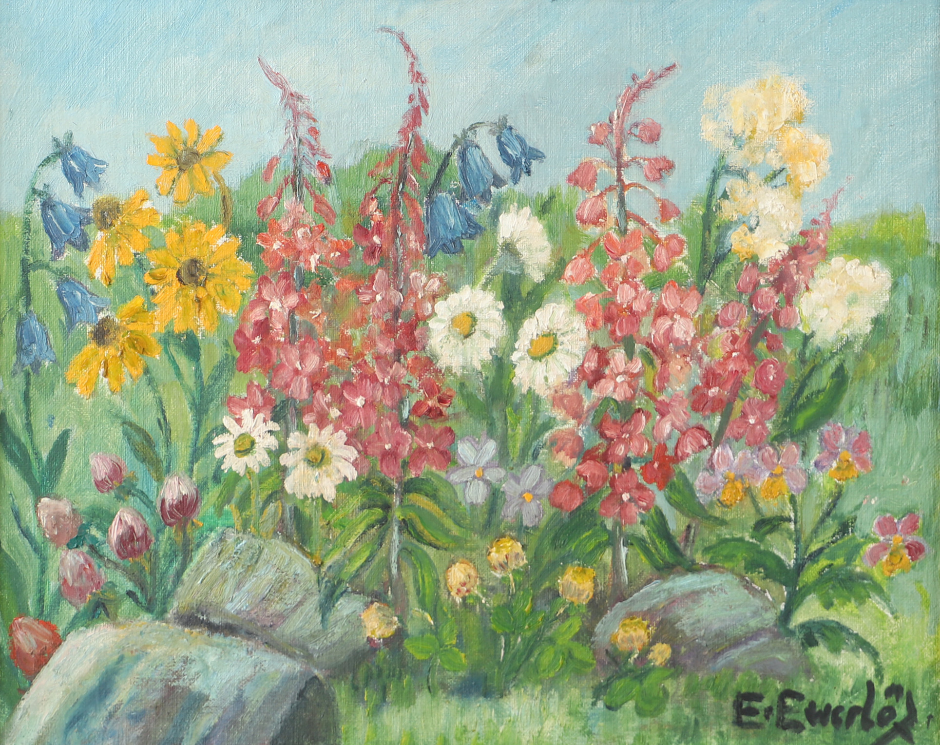 ELFRIDA EWERLÖF. Sommarblommor, olja på pannå, signerad E. Ewerlöf.