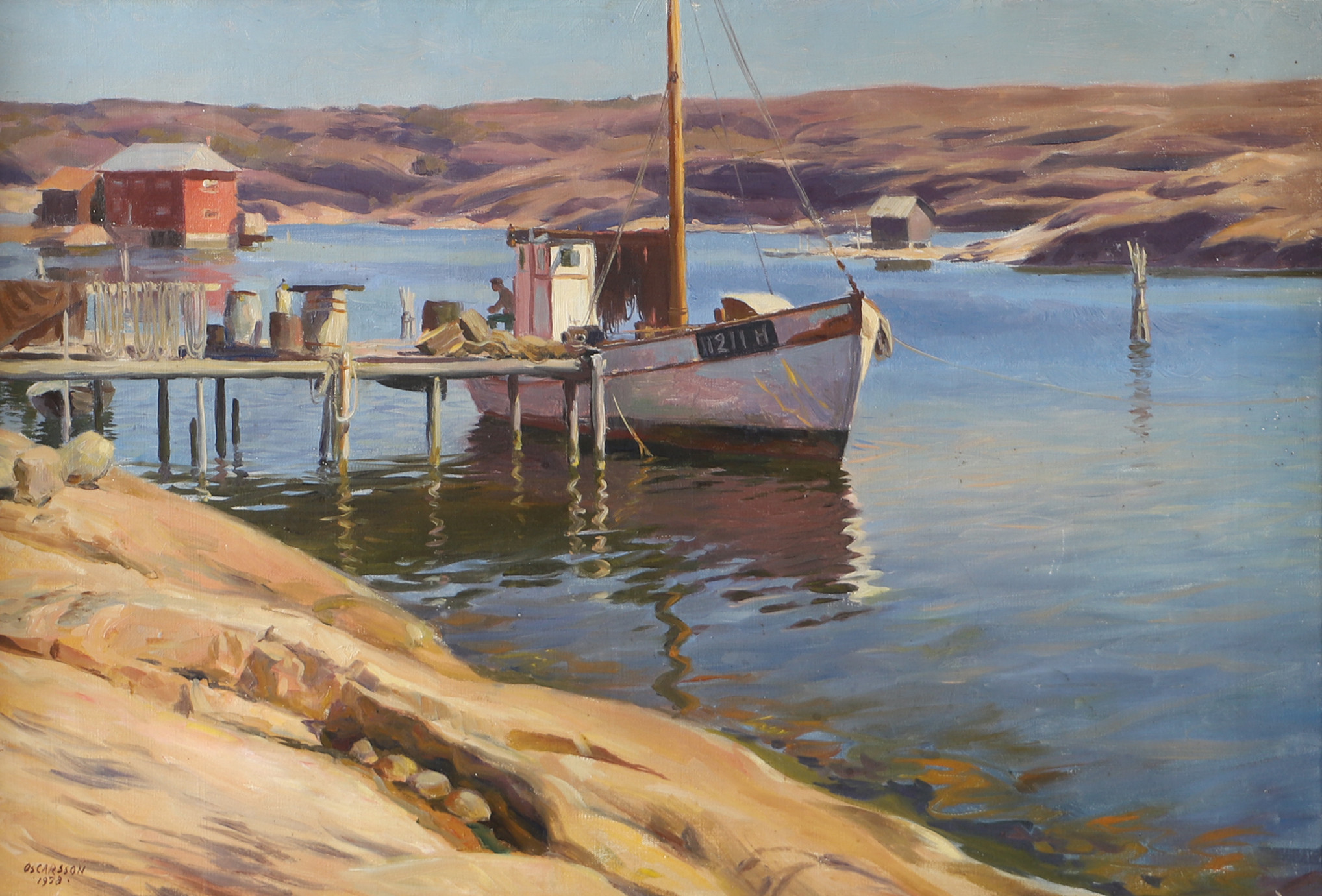 BERNHARD OSCARSSON. Skärgårdsmotiv med fiskebåt, olja på duk, signerad Oscarsson.
