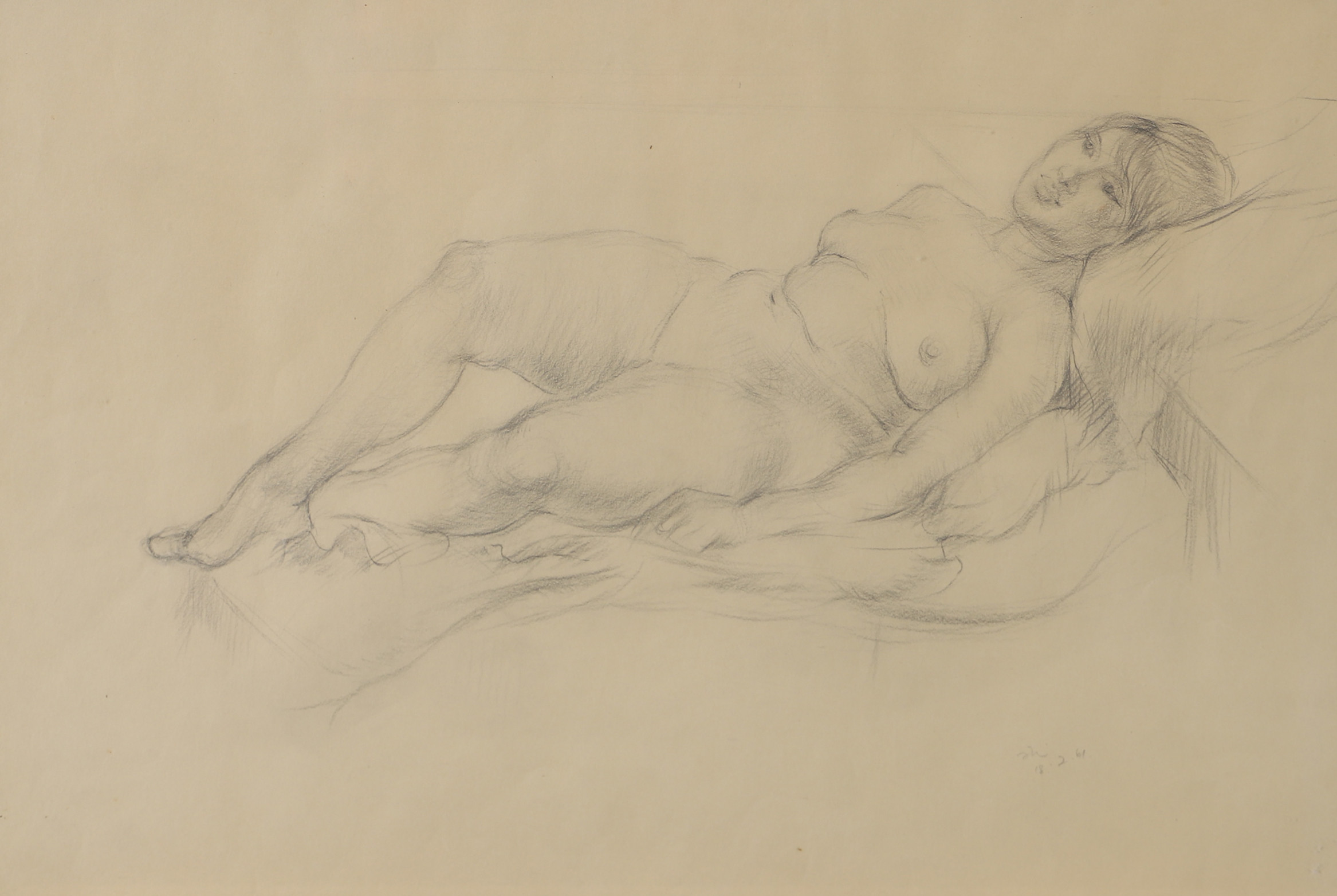 OIDENTIFIERAD KONSTNÄR. Kvinnostudie, teckning, otydligt signerad.