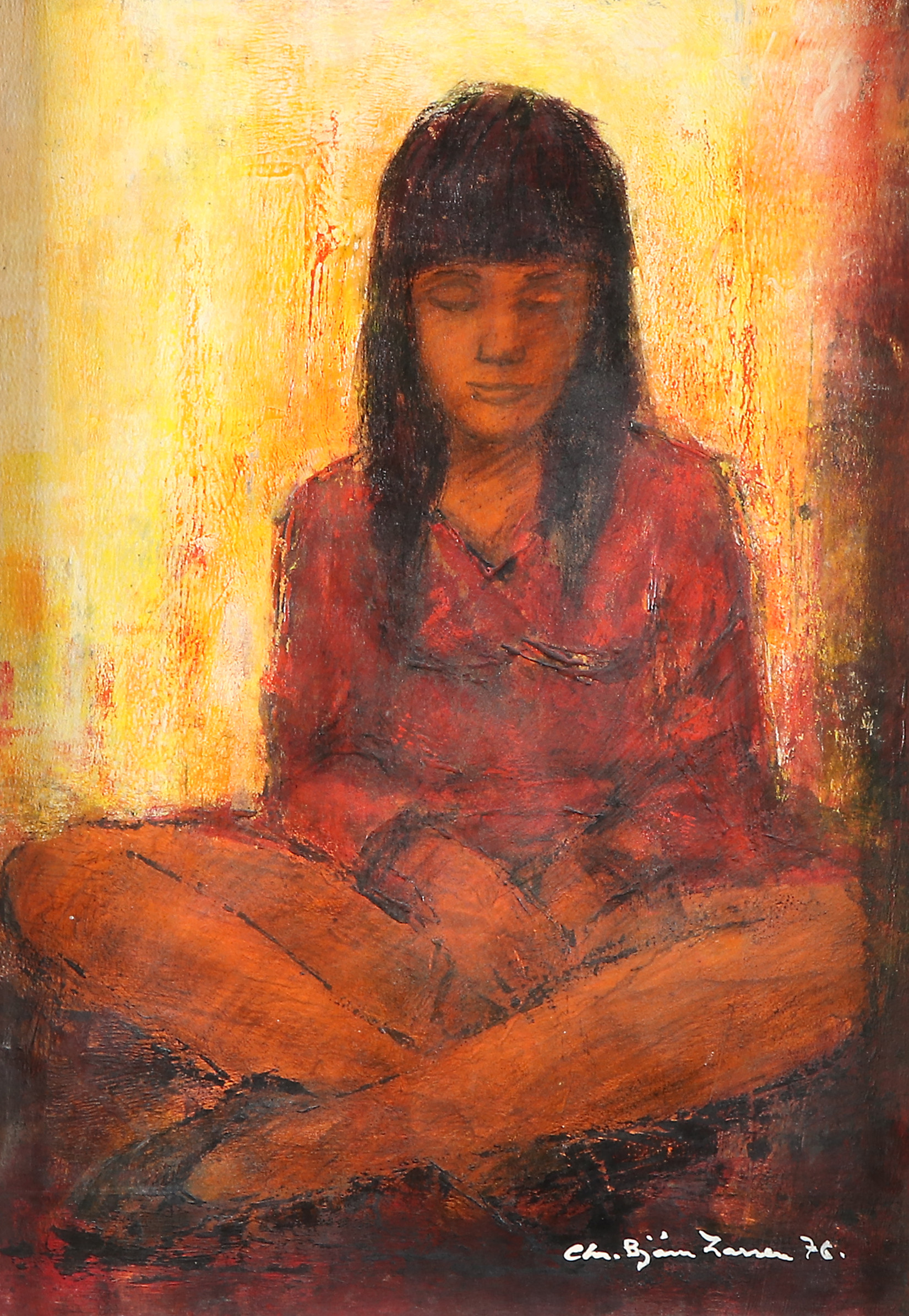 CHRISTIAN BJÖRN LARSEN. Oljemålning på pannå. Sittande flicka. Signerad och daterad 76.