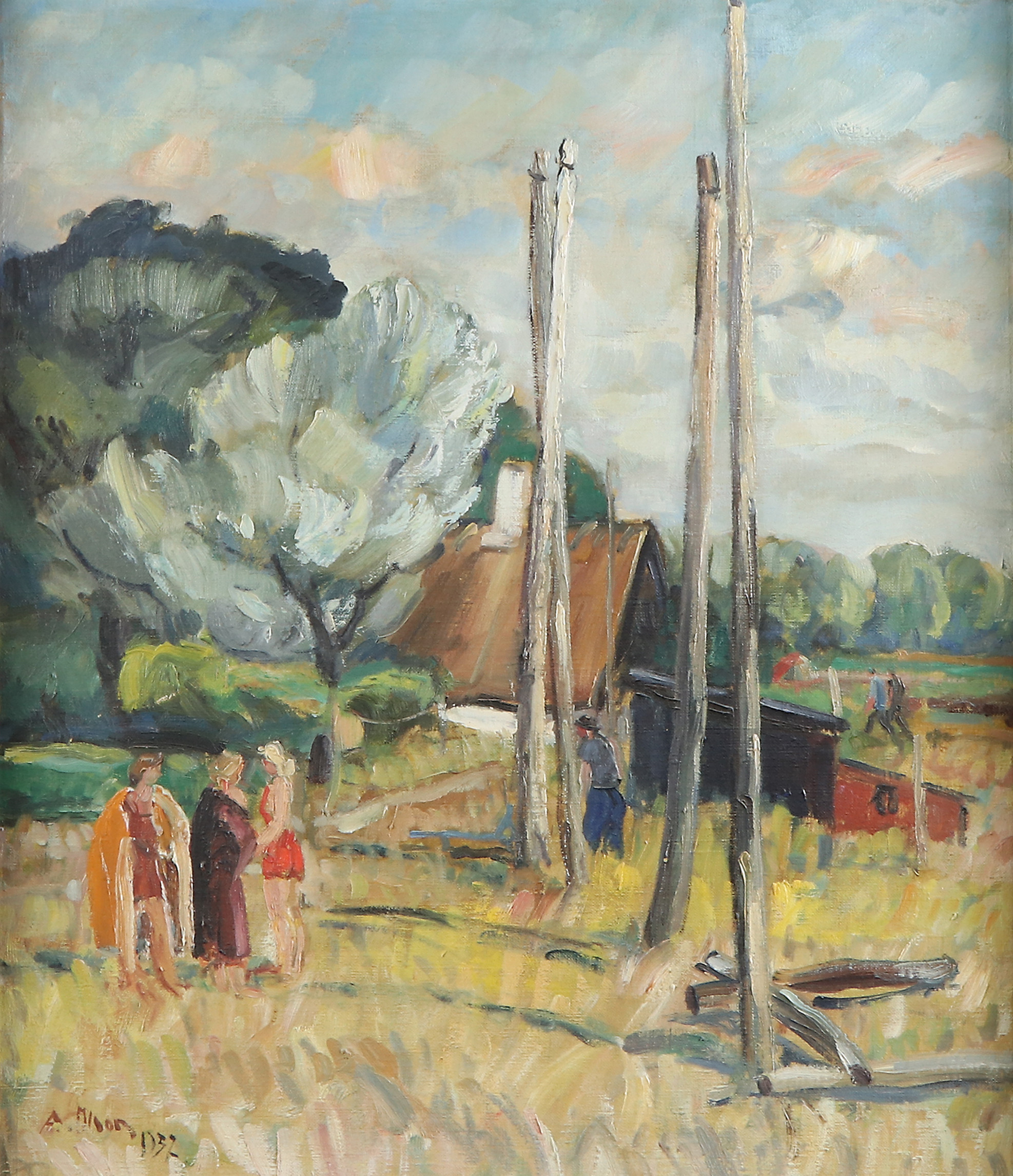 ANDERS OLSON. Oljemålning på duk. "Badfolk på stranden". Signerad och daterad 1937.
