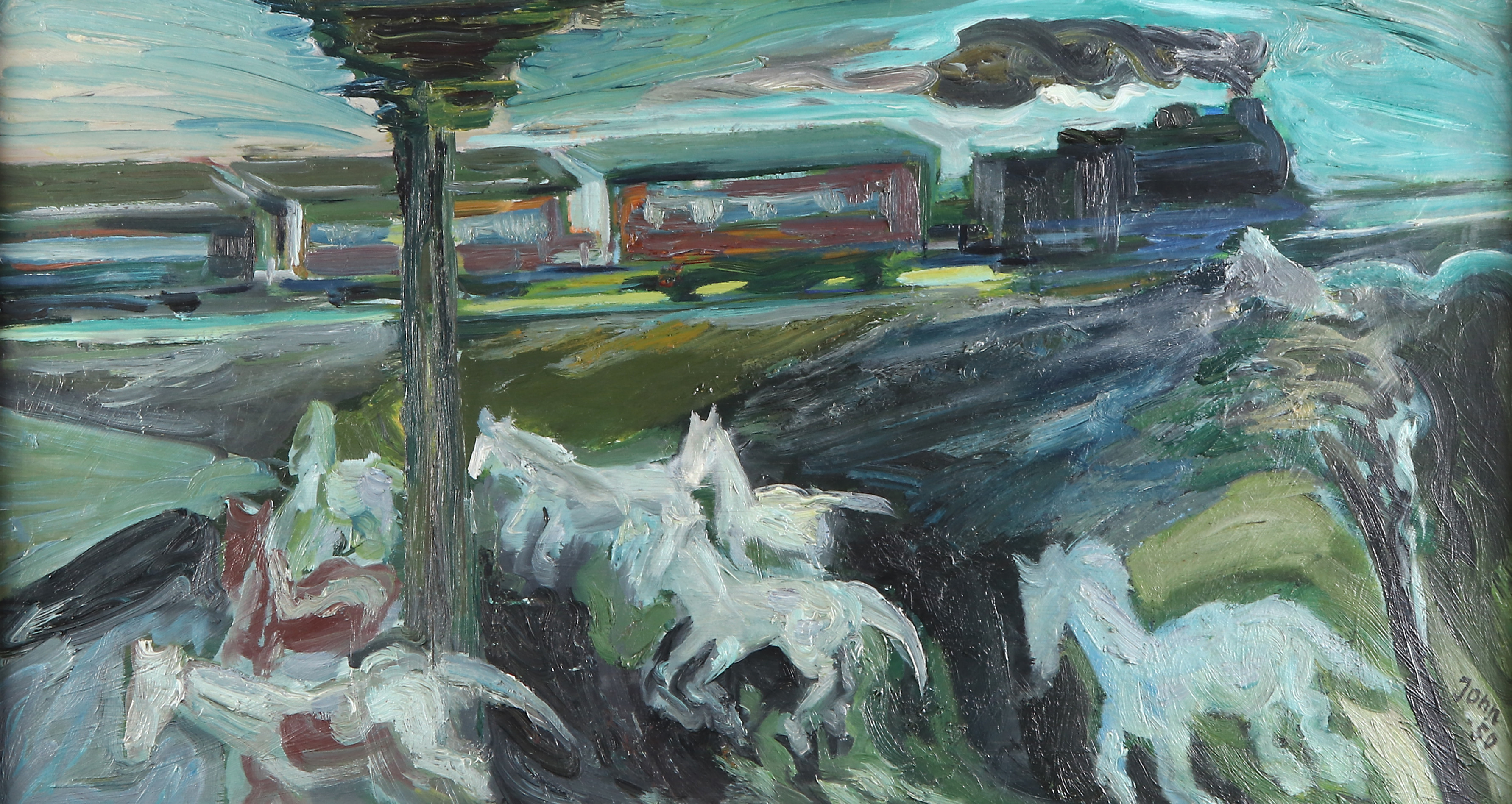 GUNNAR JONN. Oljemålning på pannå. "Tågbild I". Signerad.