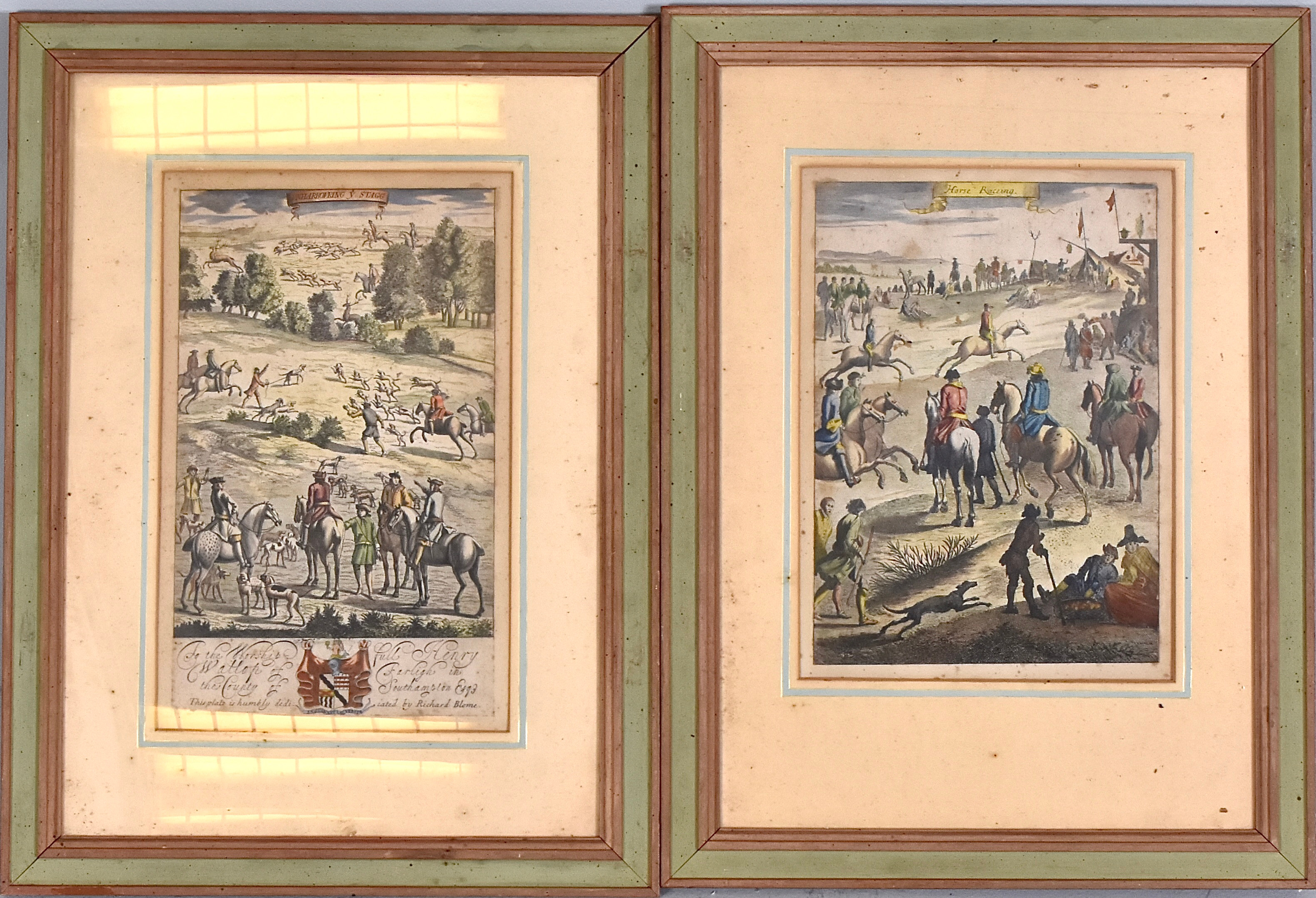 RICHARD BLOME. kopparstick, 1 par, handkolorerade, ur "The Gentleman's Recreation" posthuma upplagan 1710.