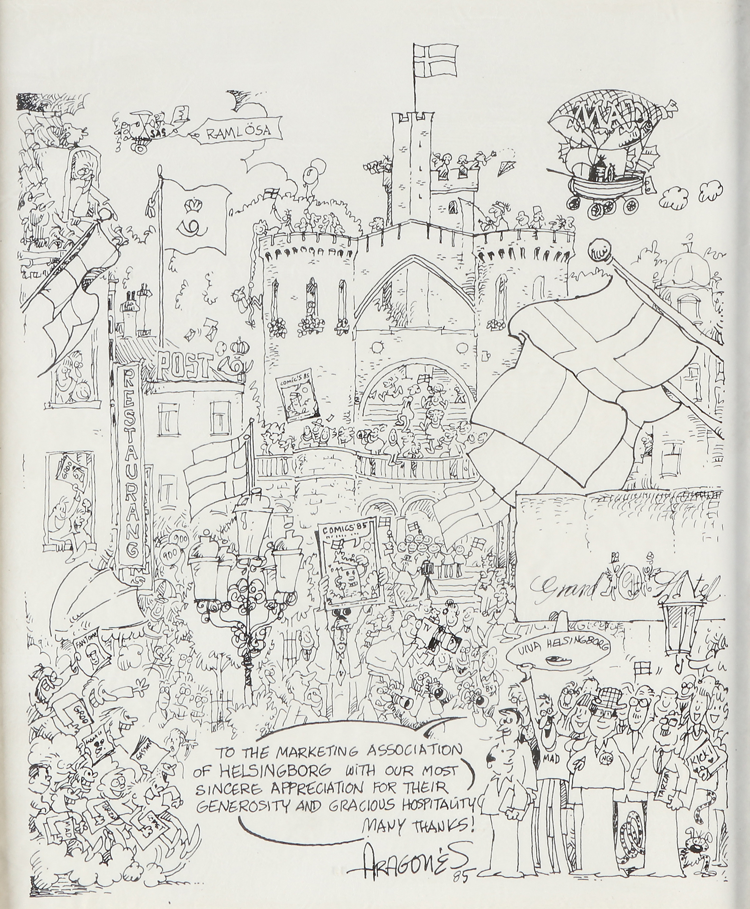 SERGIO ARAGONES. Tuschteckning. Comics 85, Helsingborg. Signerad.