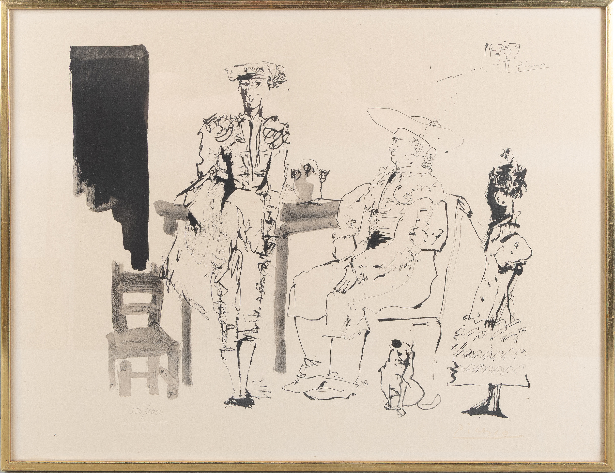 PABLO PICASSO. Litografi, efter, "Deux Picadors et Femme", signerad i trycket och numrerad i blyerts 550/2000, blindstämpel Euro Art.