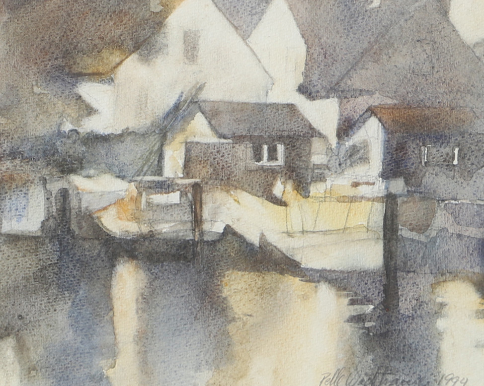 PELLE WADSTRÖMER. Fiskehamn, akvarell, signerad 1994.