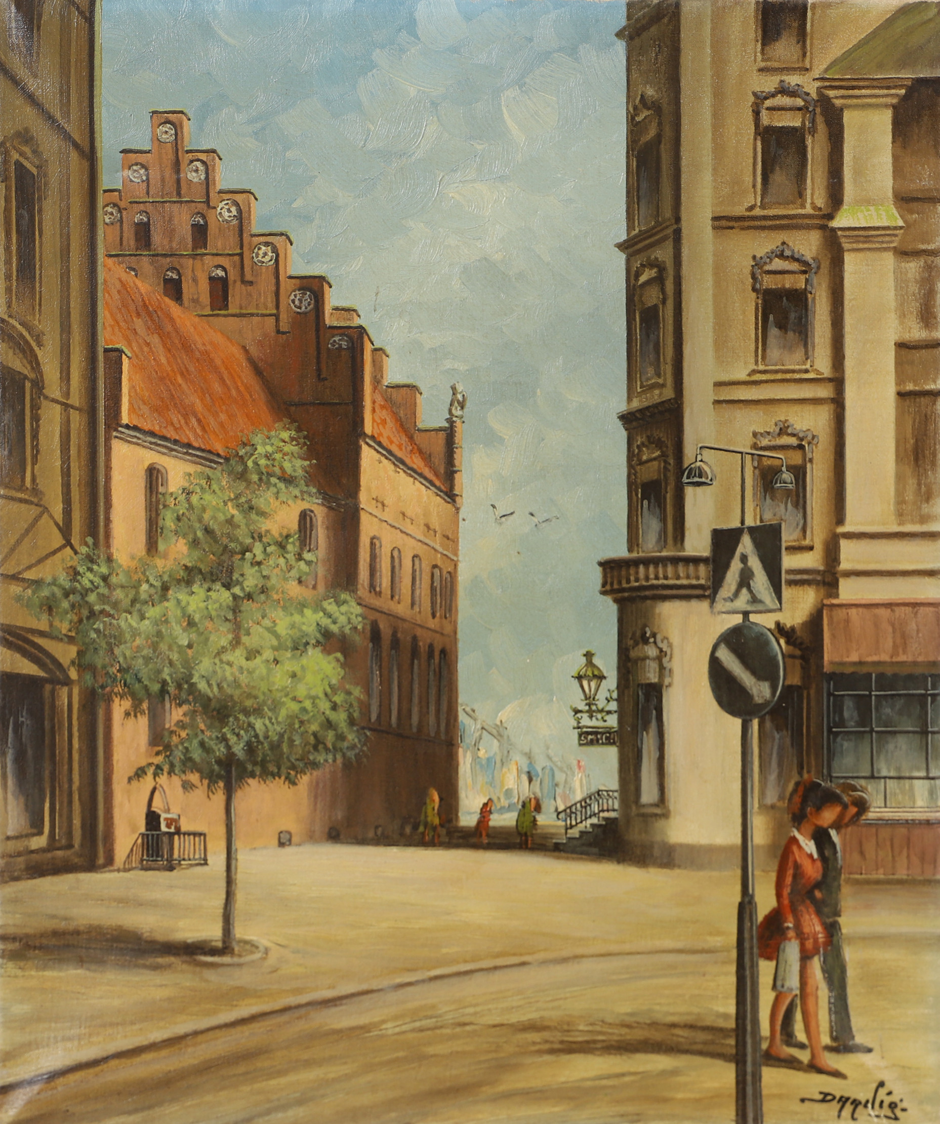 KAJ PETER DARVIG. Torg med figurer, olja på duk, signerad.