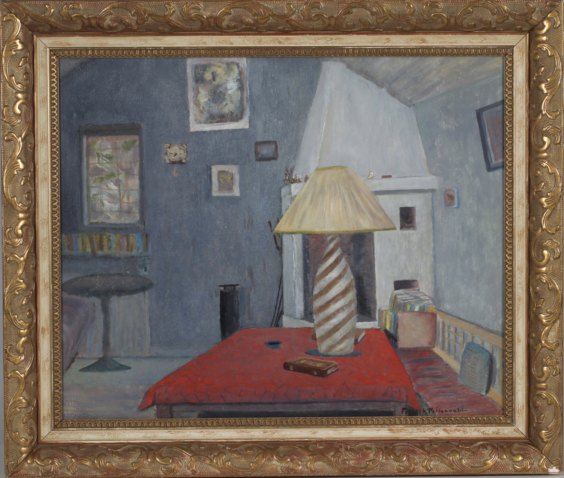FREDRIK FRISENDAHL. Rumsinteriör, olja på pannå, signerad.