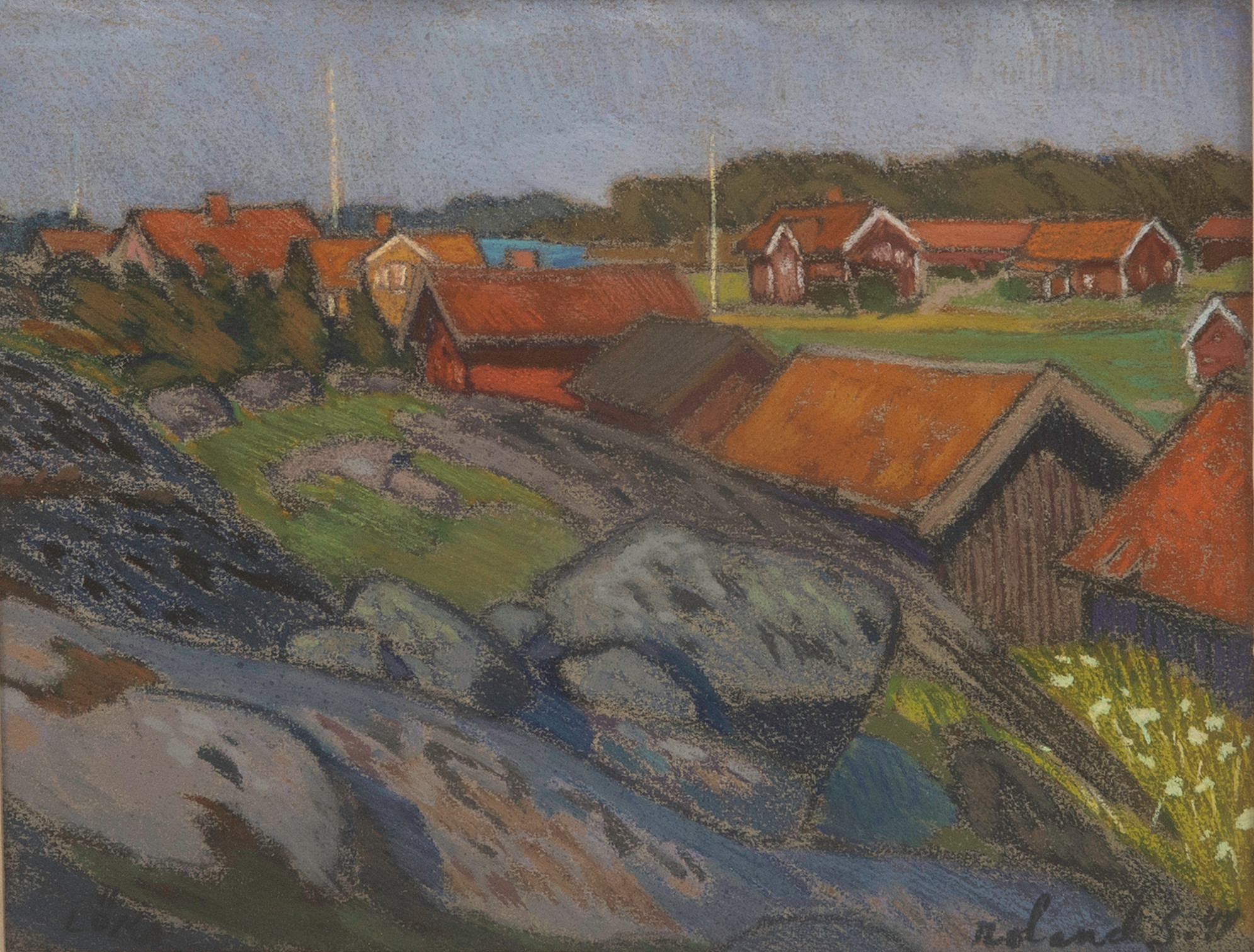 ROLAND SVENSSON. Pastell, "Löka by", signerad och daterad -41 eller -47.
