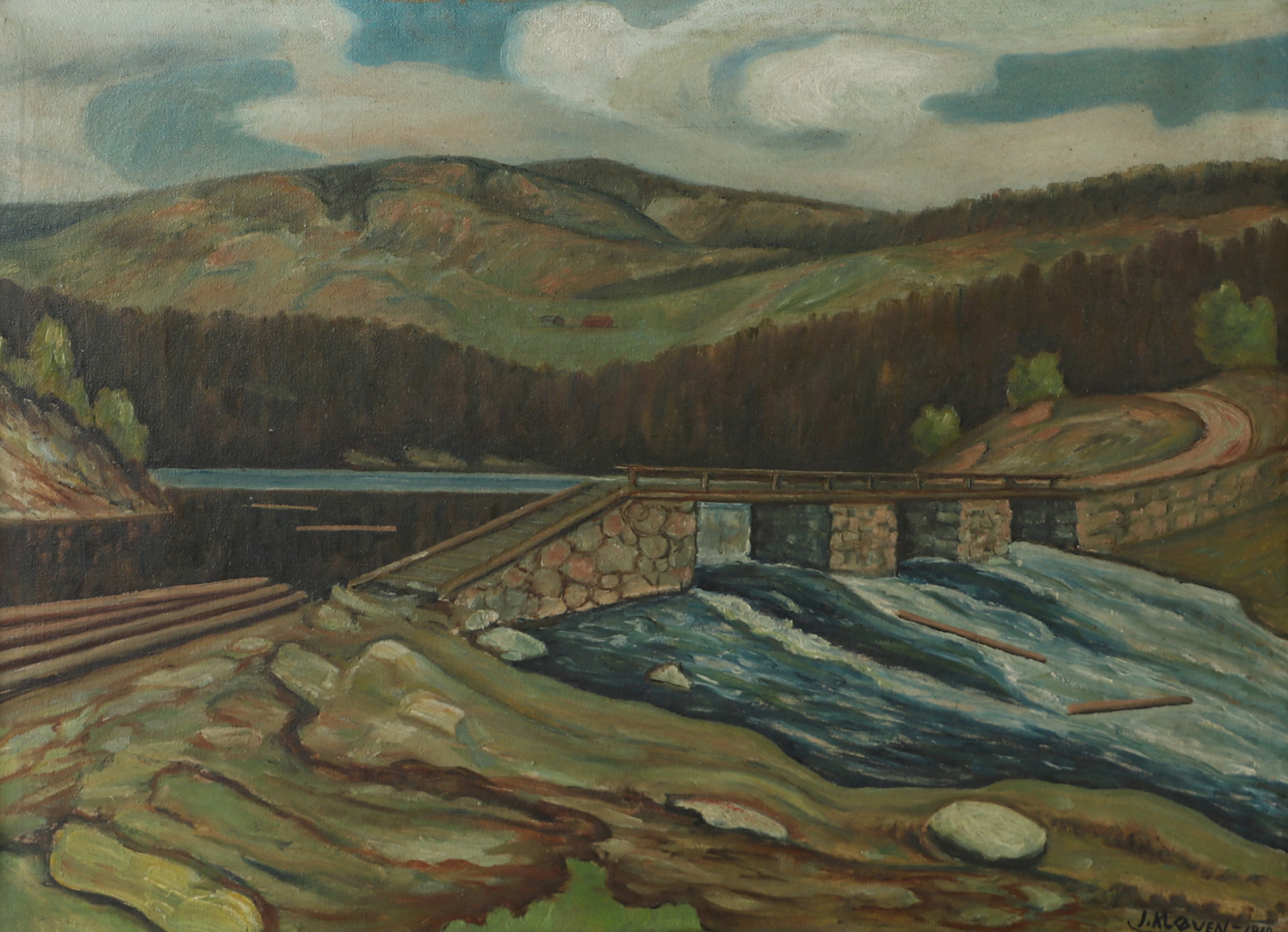 OIDENTIFIERAD KONSTNÄR. Landskap med bro, olja på duk, signerad L. Kløven 1918.