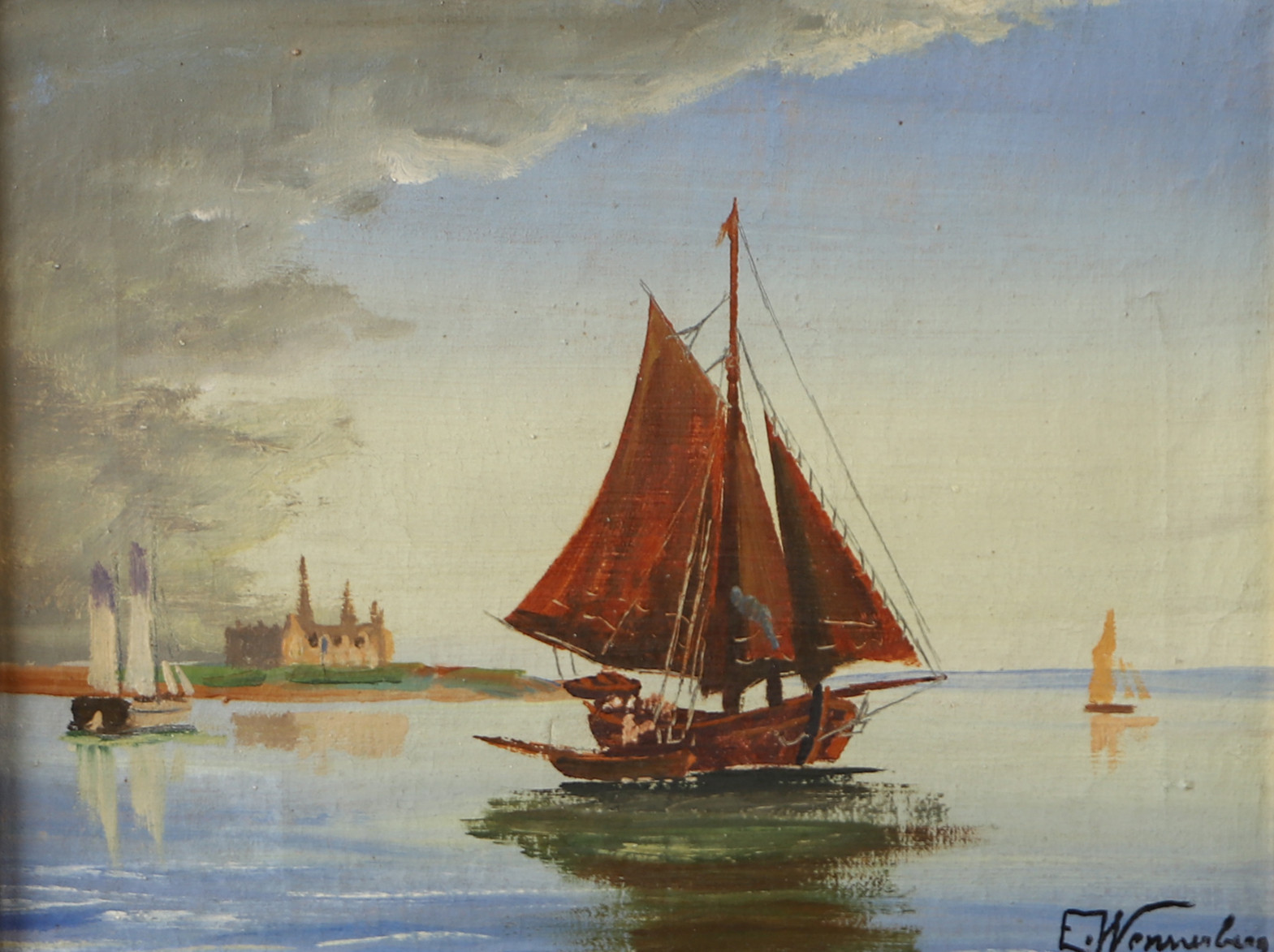 OIDENTIFIERAD KONSTNÄR. Segelbåt utanför Kronborg, olja på duk, signerad E. Wennerberg.