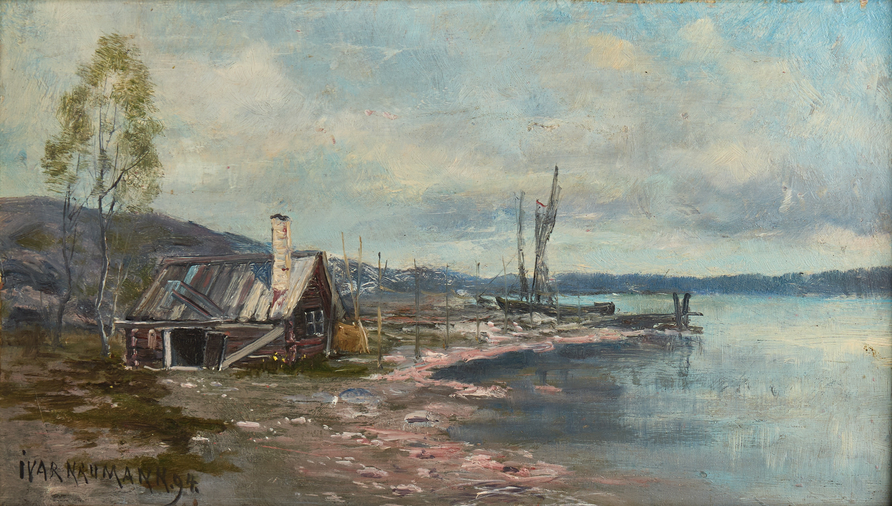 IVAR NAUMANN (1851-1906). Skärgårdsmotiv med båthus, signerad och daterad -94, olja på pannå.