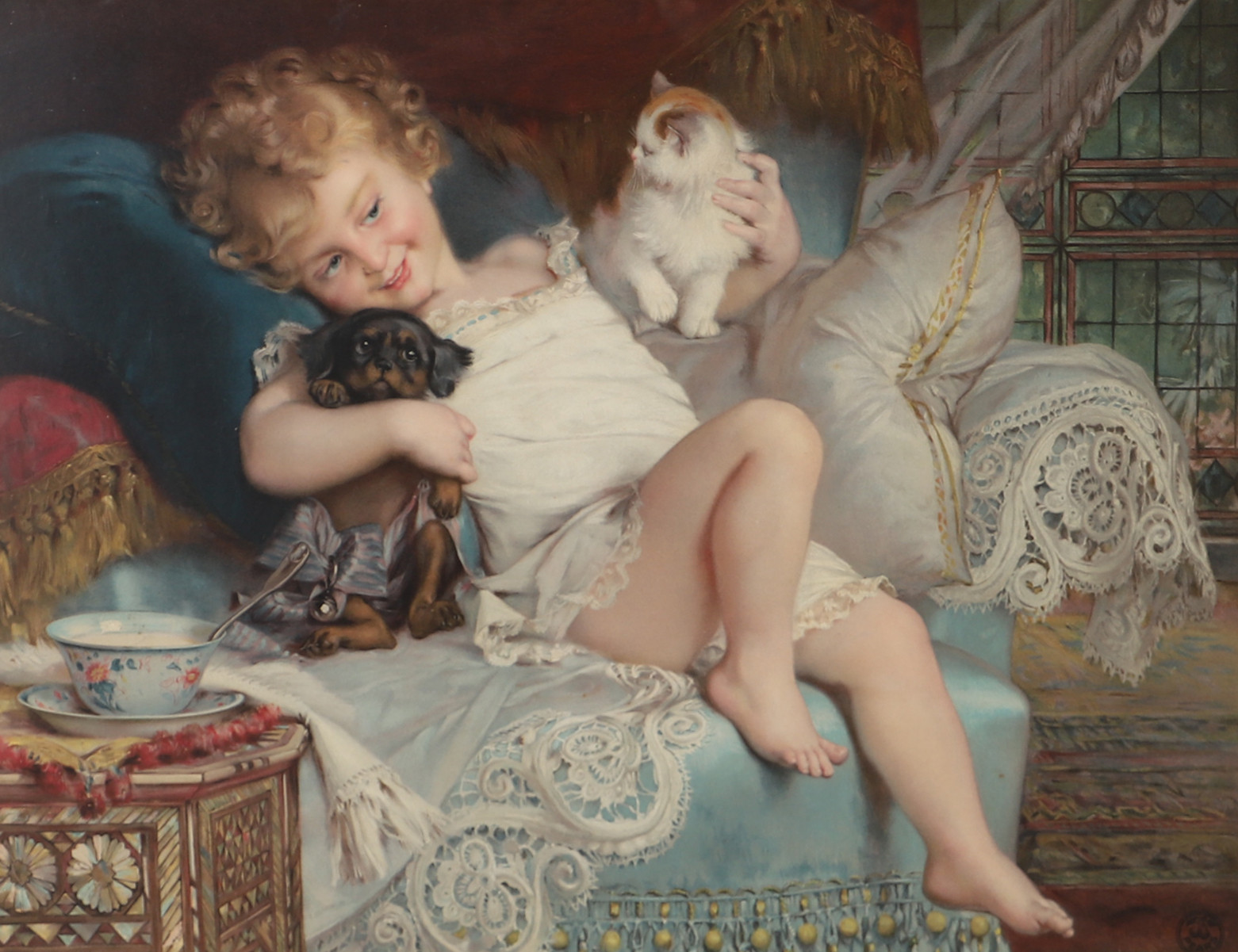 EMILE MUNIER. EFTER. Barn med katt och hund, inramat tryck.