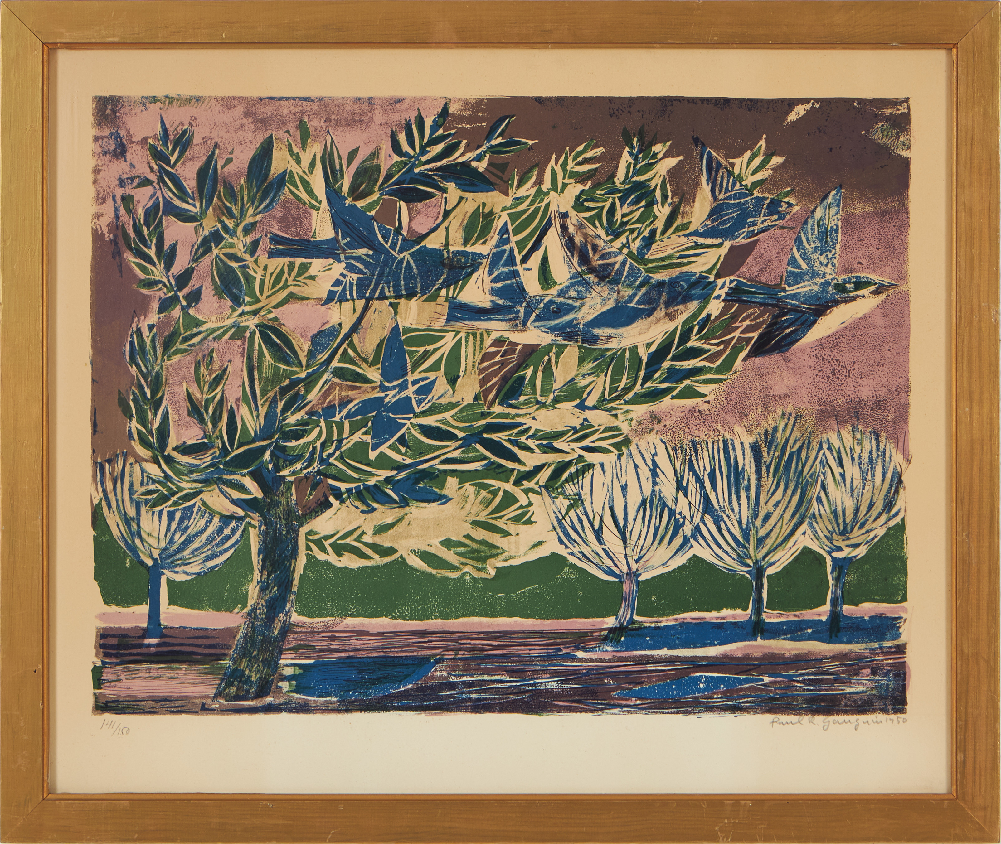 PAUL RENÉ GAUGUIN  (1911-1976). "Blå fåglar", träsnitt, 1950.