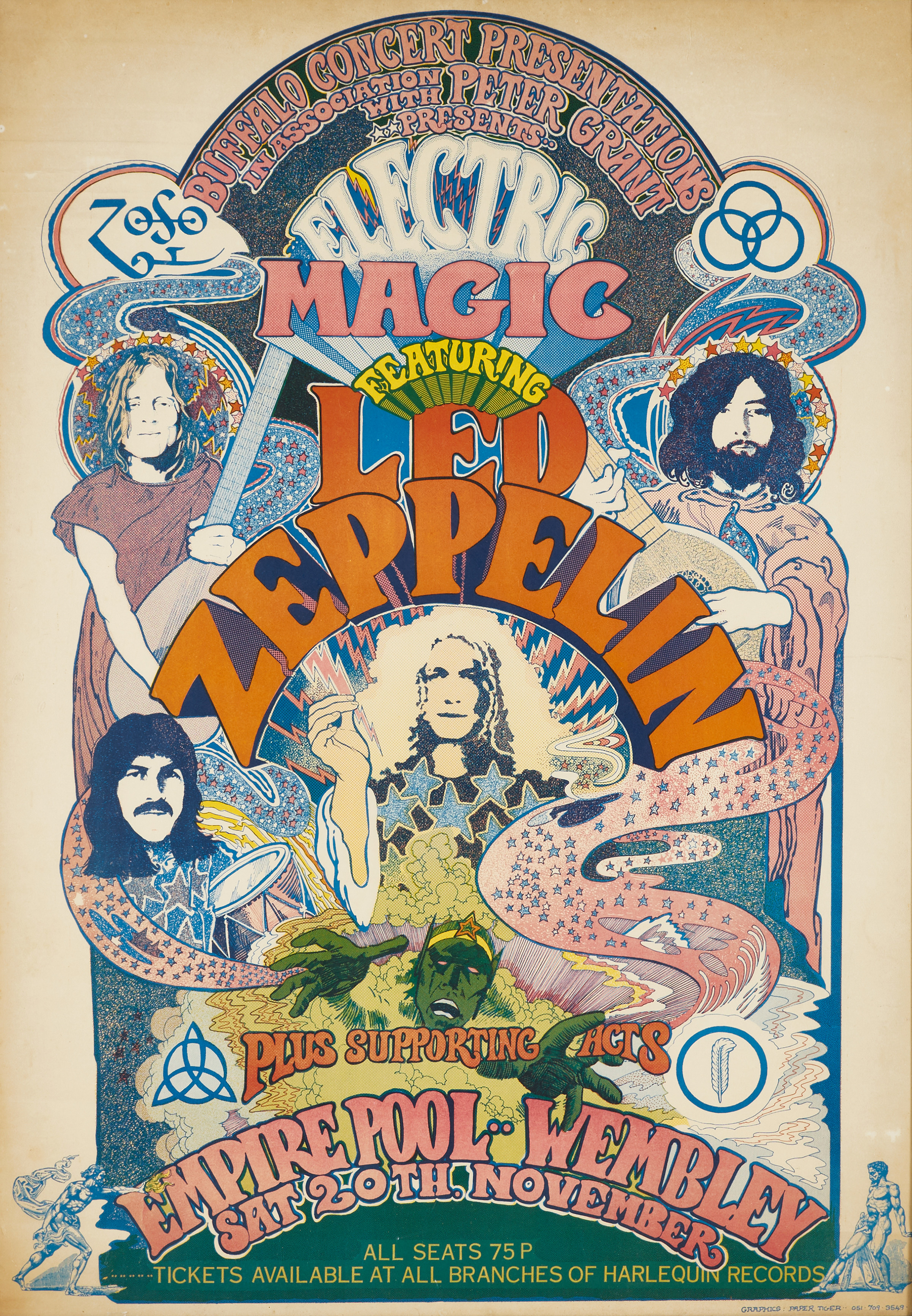 KONSERTAFFISCH. LED ZEPPELIN - ELECTRO MAGIC - EMPIRE POOL, WEMBLEY. GRAPHICS: PAPER TIGER.