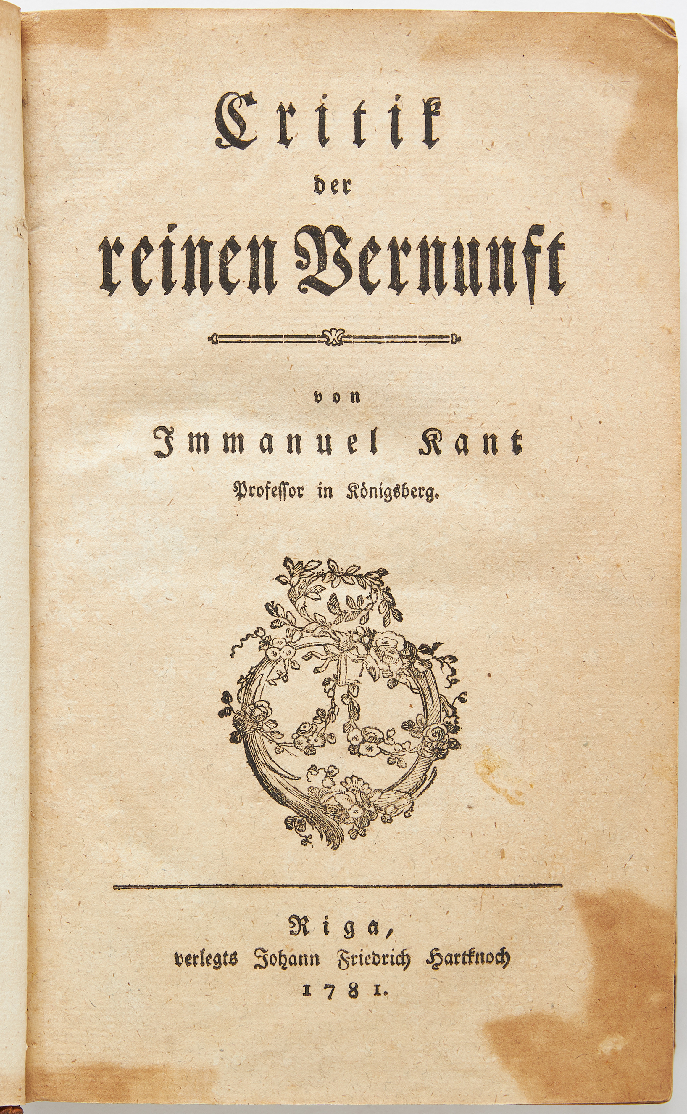 FIRST EDITION OF IMMANUEL KANT, CRITIK DER REINEN VERNUNFT, RIGA 1781.