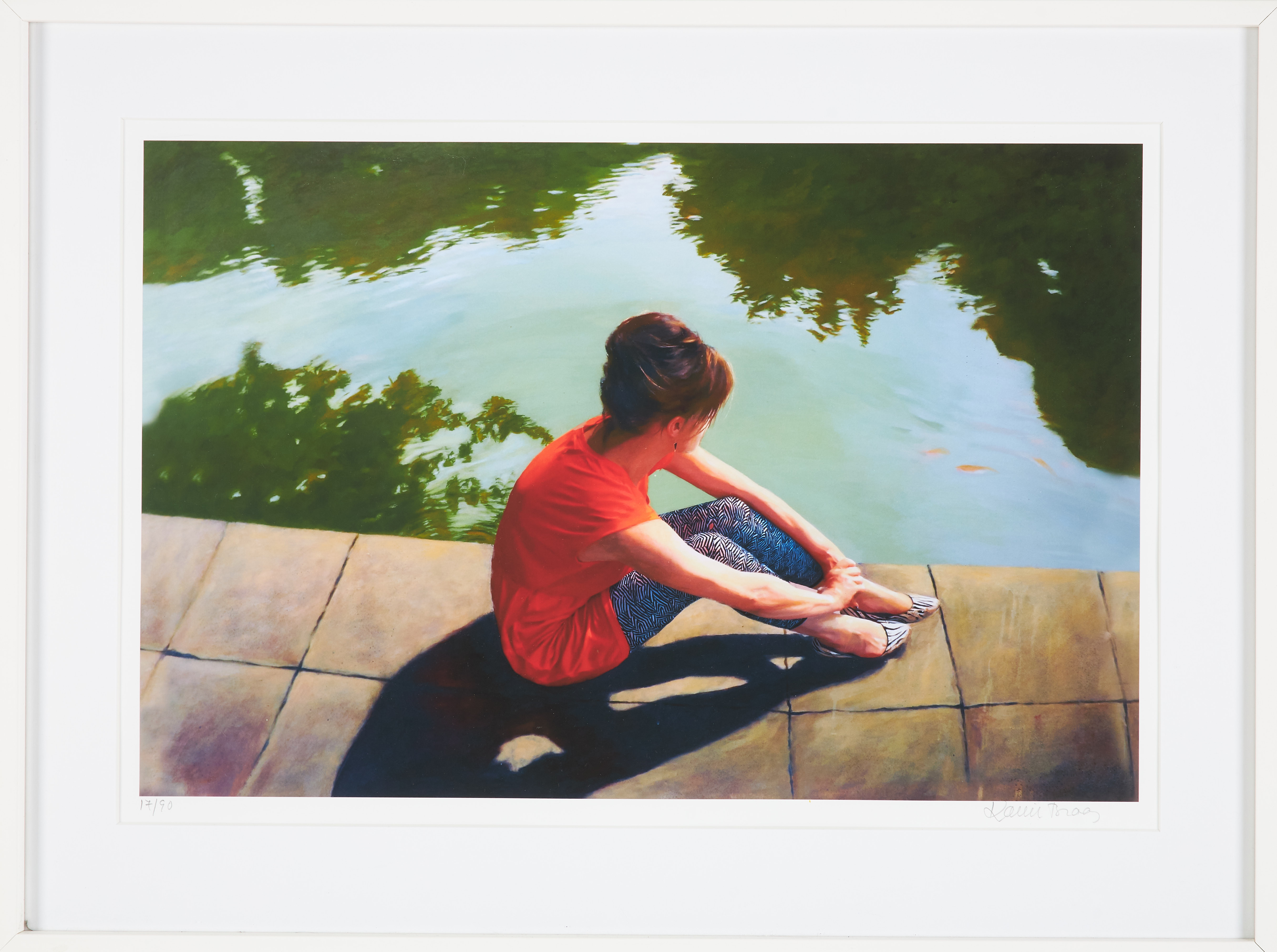 KARIN  BROOS. "Flickan med guldfiskar", gicleetryck, numrerad 17/90, sigernad Karin Broos.