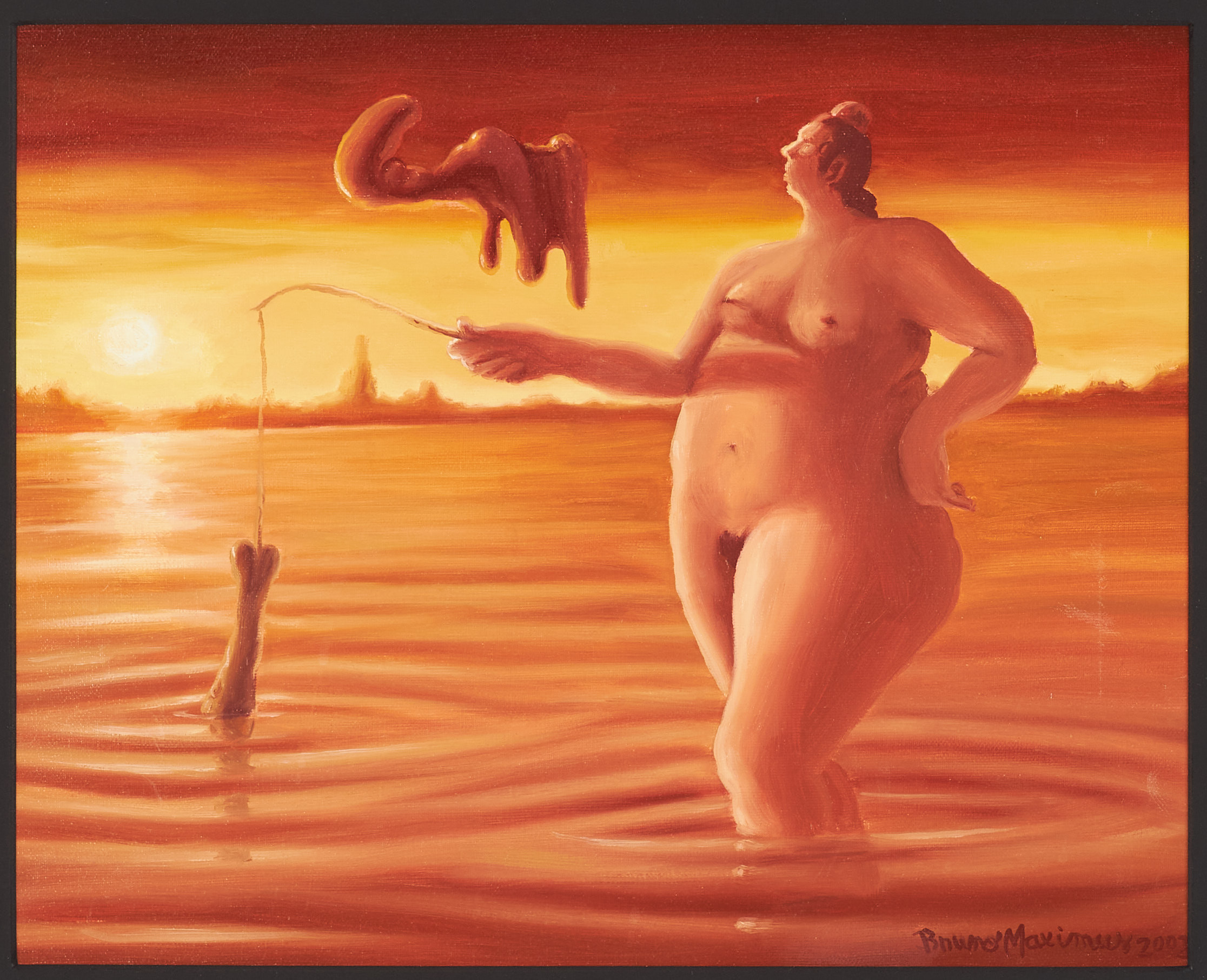 BRUNO MAXIMUS. Kvinna i solnedgång, akryl på pannå, signerad 2002.