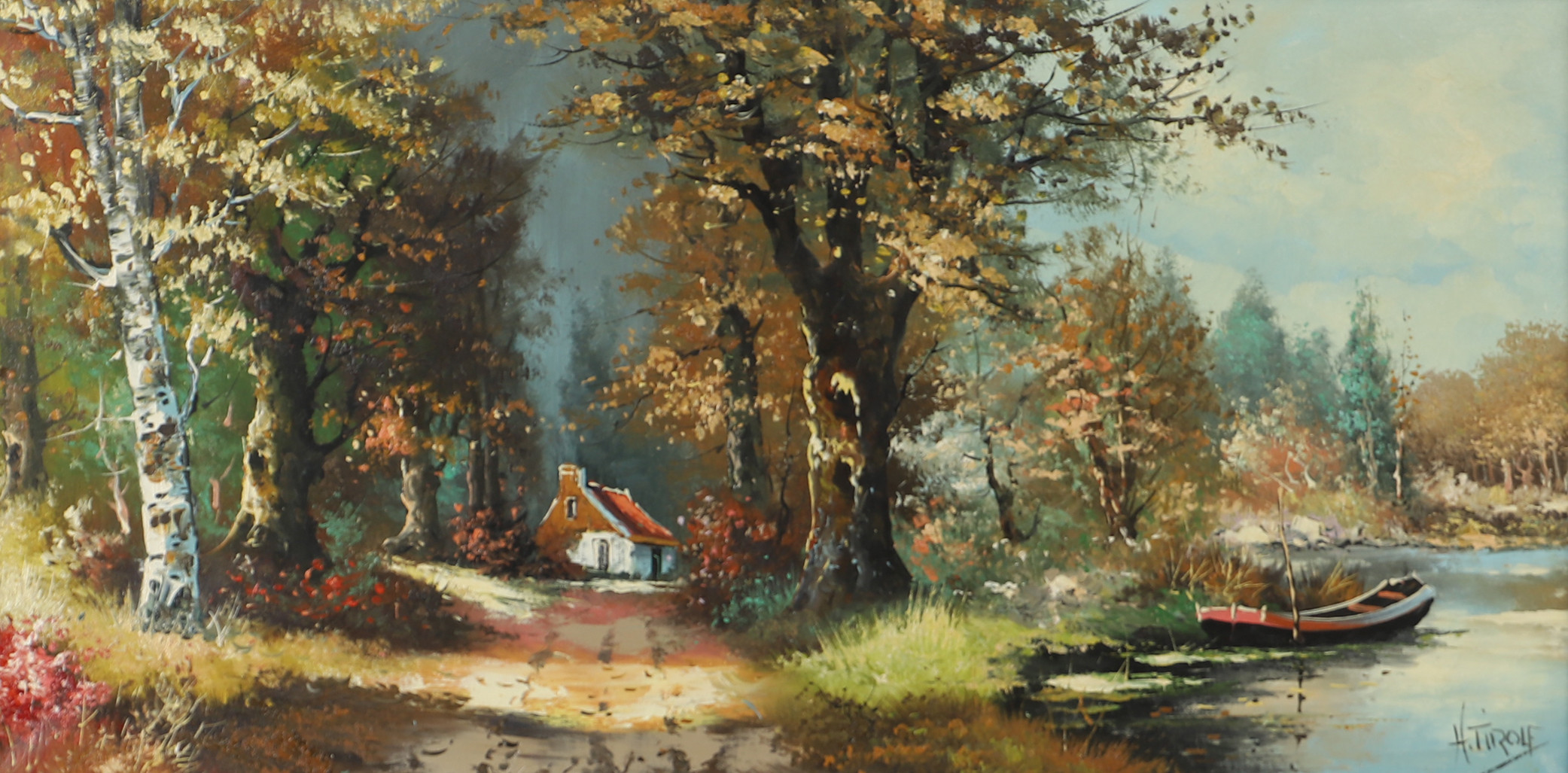 OIDENTIFIERAD KONSTNÄR. Skogsparti med stuga och båt, olja på duk, otydligt signerad.