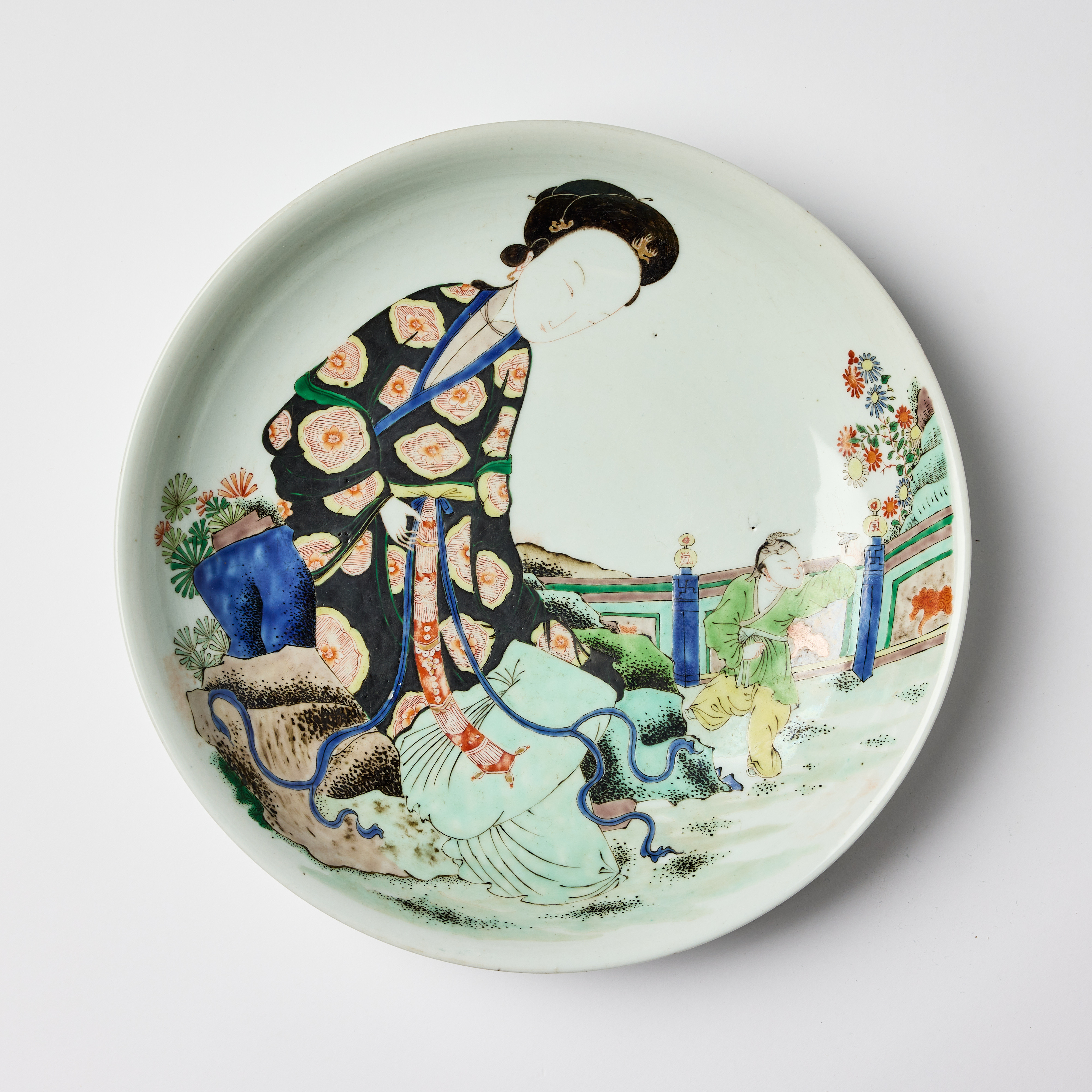A Chinese Famille Verte 'Lady and Boy in a Garden' Dish.