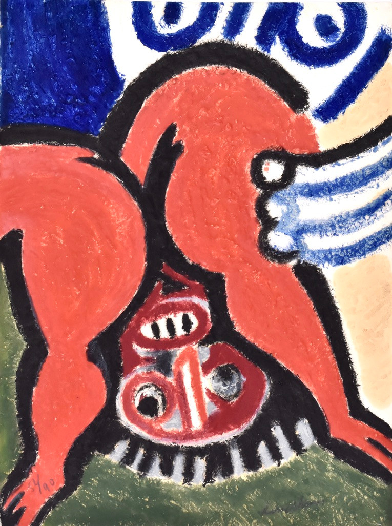BENGT LINDSTRÖM. färglitografi med carborundum, figurkomposition.