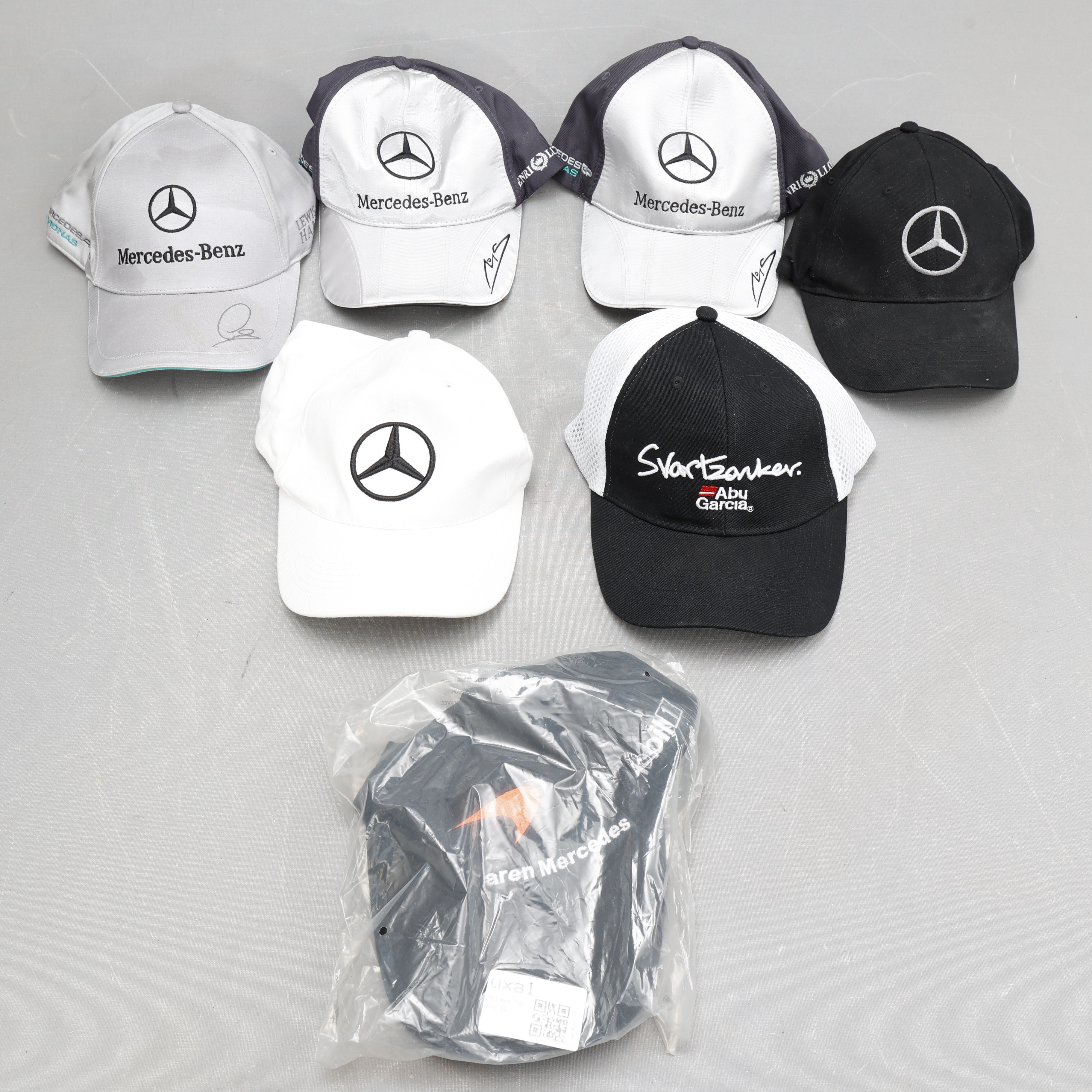 KEPSAR, 7 stycken, Mercedes samt Abu Garcia.