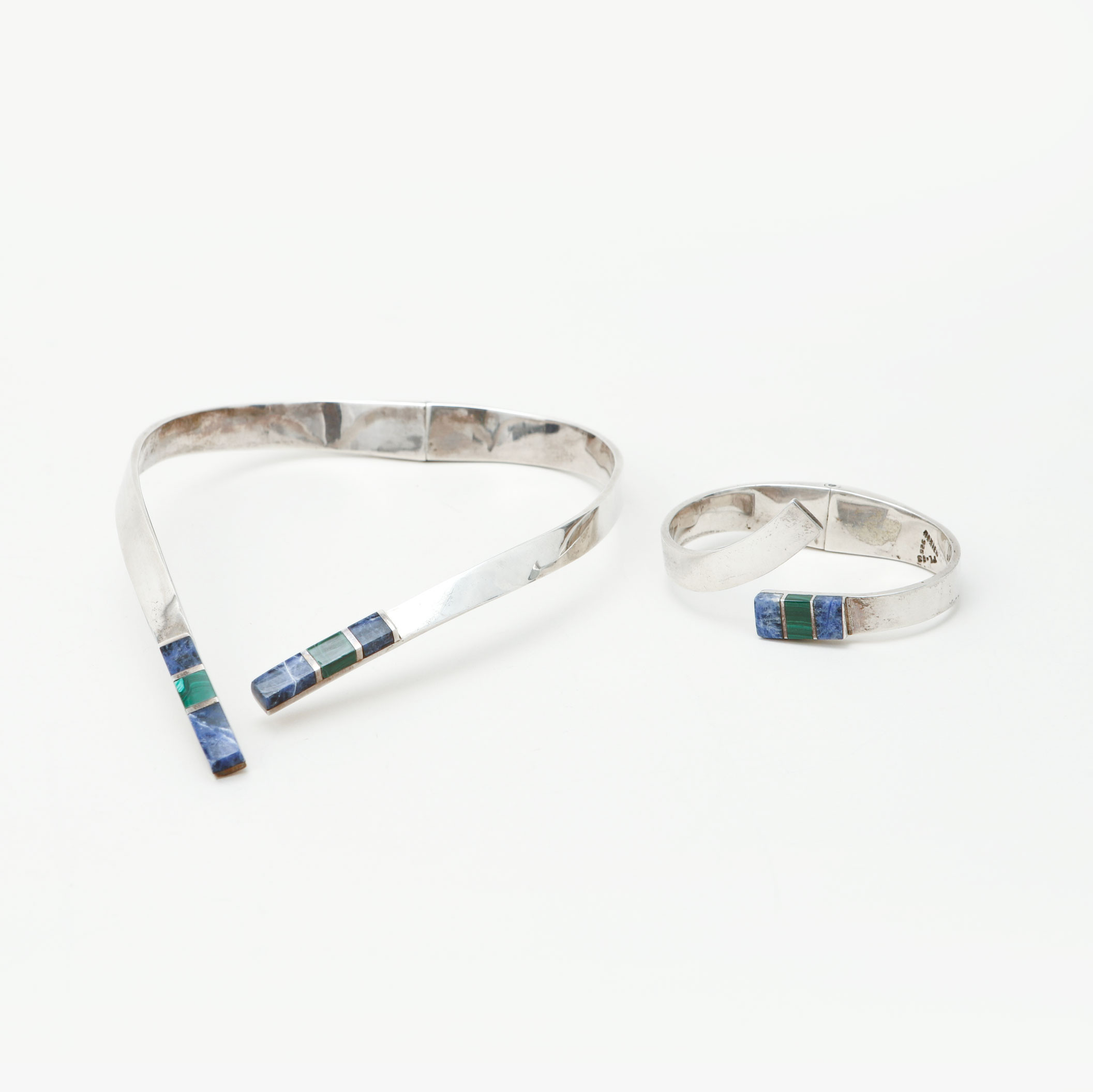 HALSBAND och ARMBAND, silver, malakit och sodalit, Mexico, 1900-talets mitt.