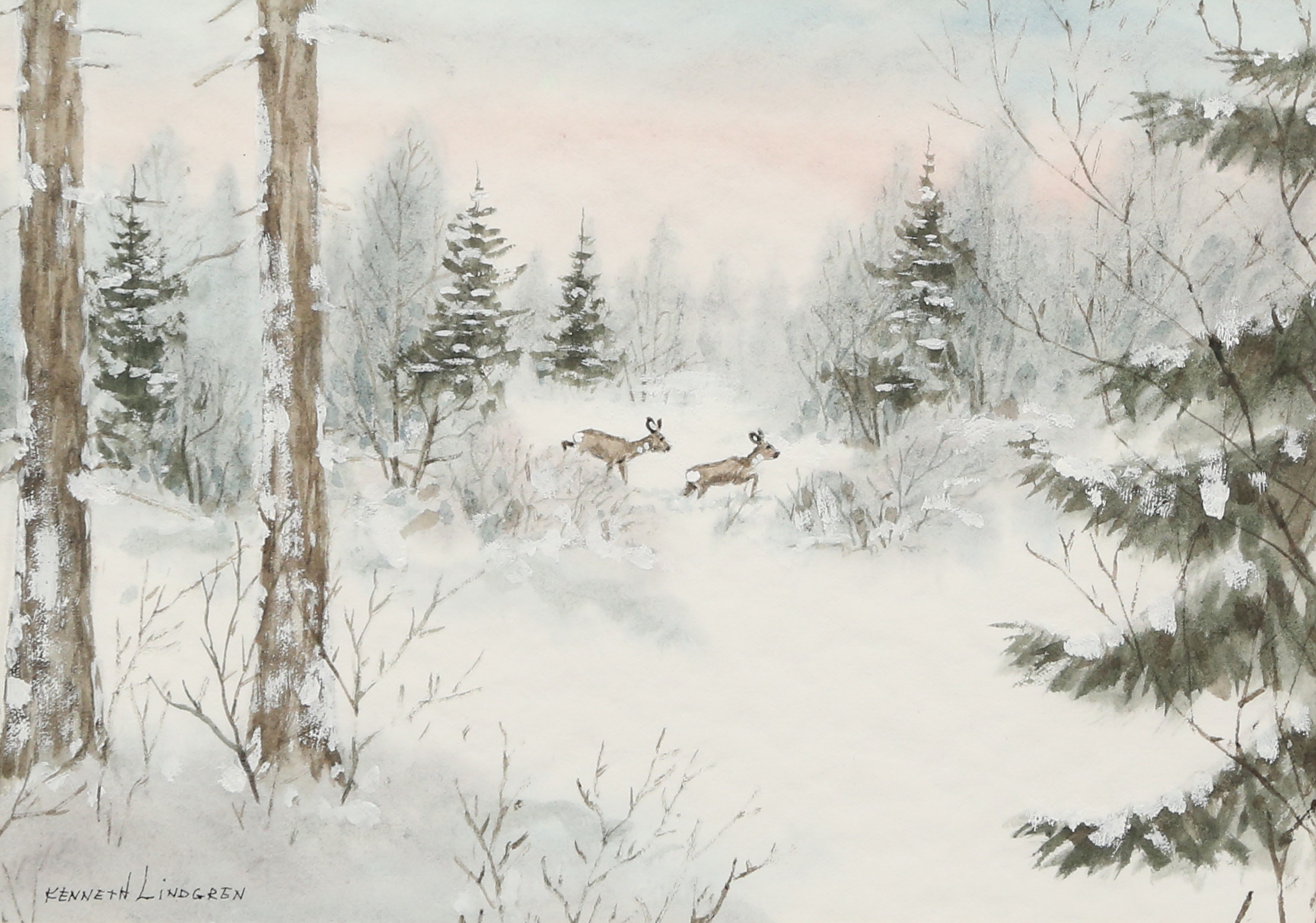 KENNETH LINDGREN. blandteknik, rådjur i vinterlandskap, signerad.
