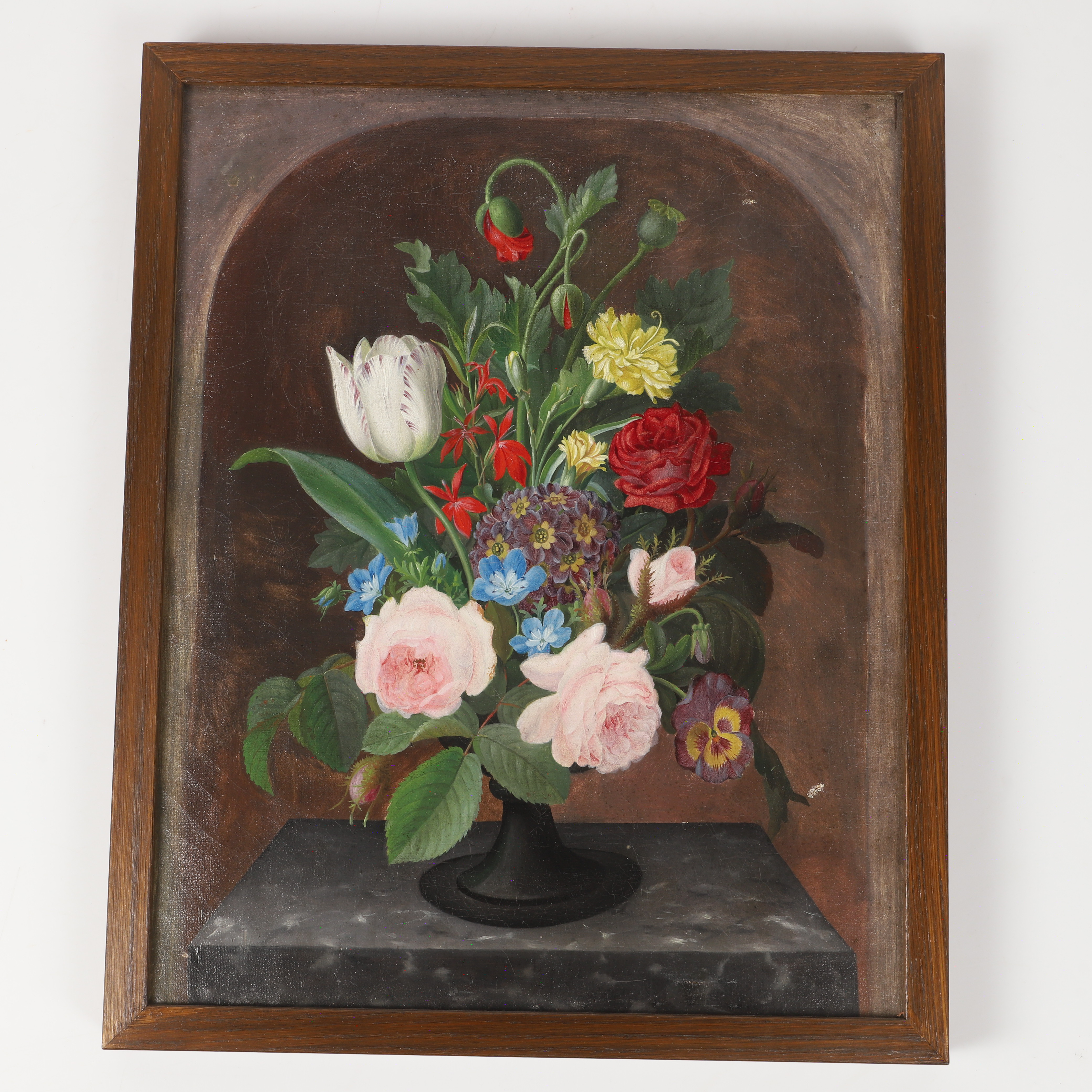 OKÄND KONSTNÄR. Blomsterstilleben, olja på duk, osignerad.