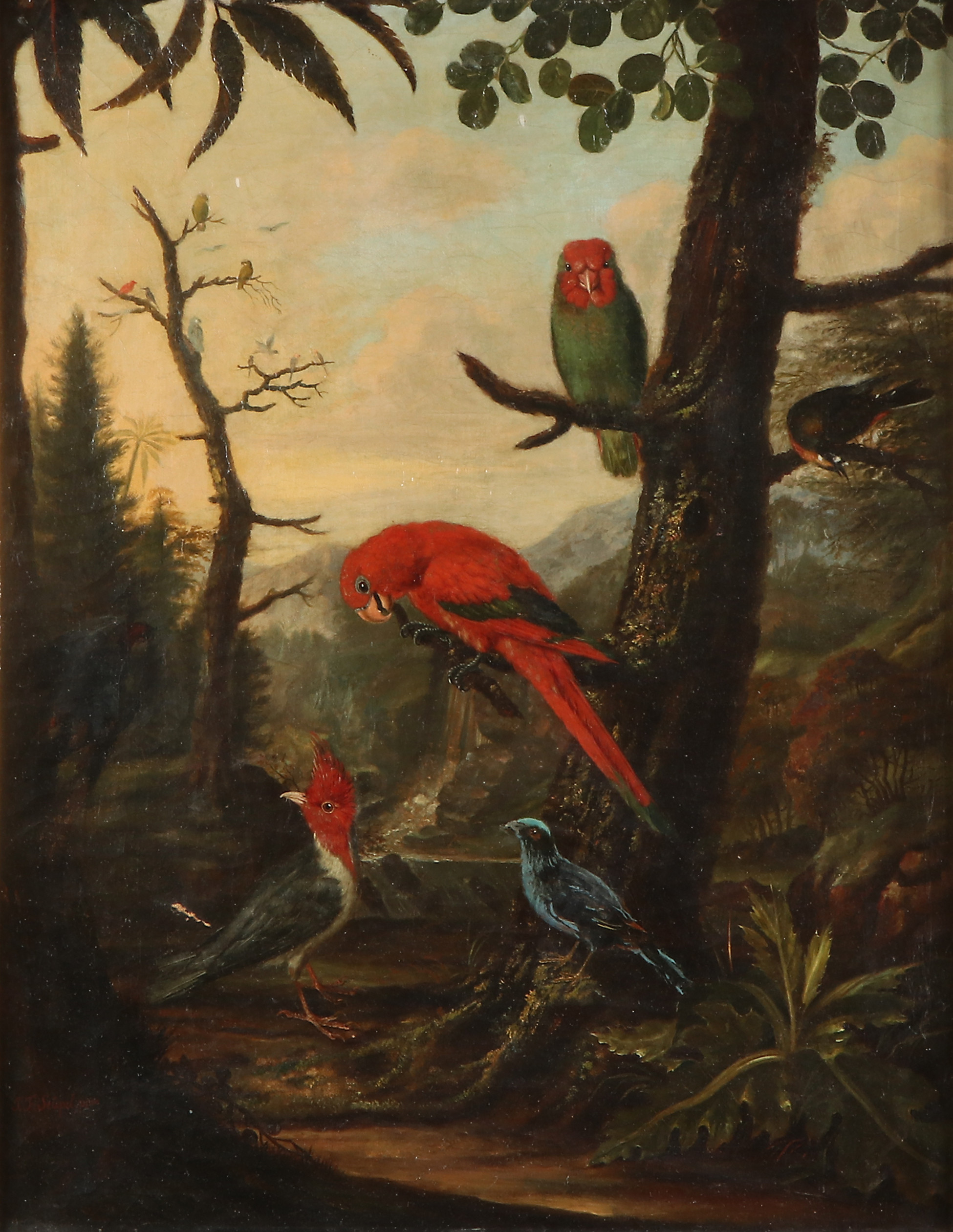 JOHANN FRIEDRICH SEUPEL (VERKS. 1780-1795). Oljemålning på dubblerad duk. Signerad. Naturmotiv med papegojfåglar.