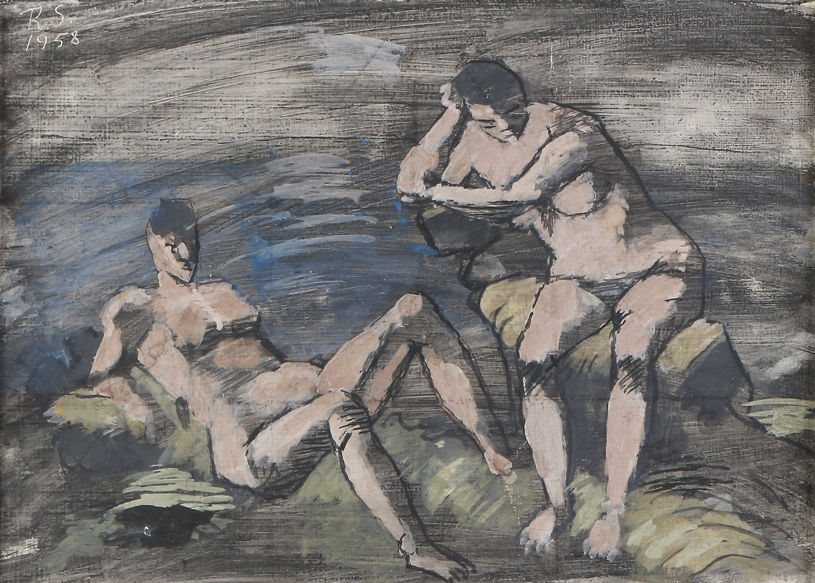 RAGNAR SANDBERG. Oljemålning på pannå. Monogramsignerad R.S. och daterad 1958. "Badande".