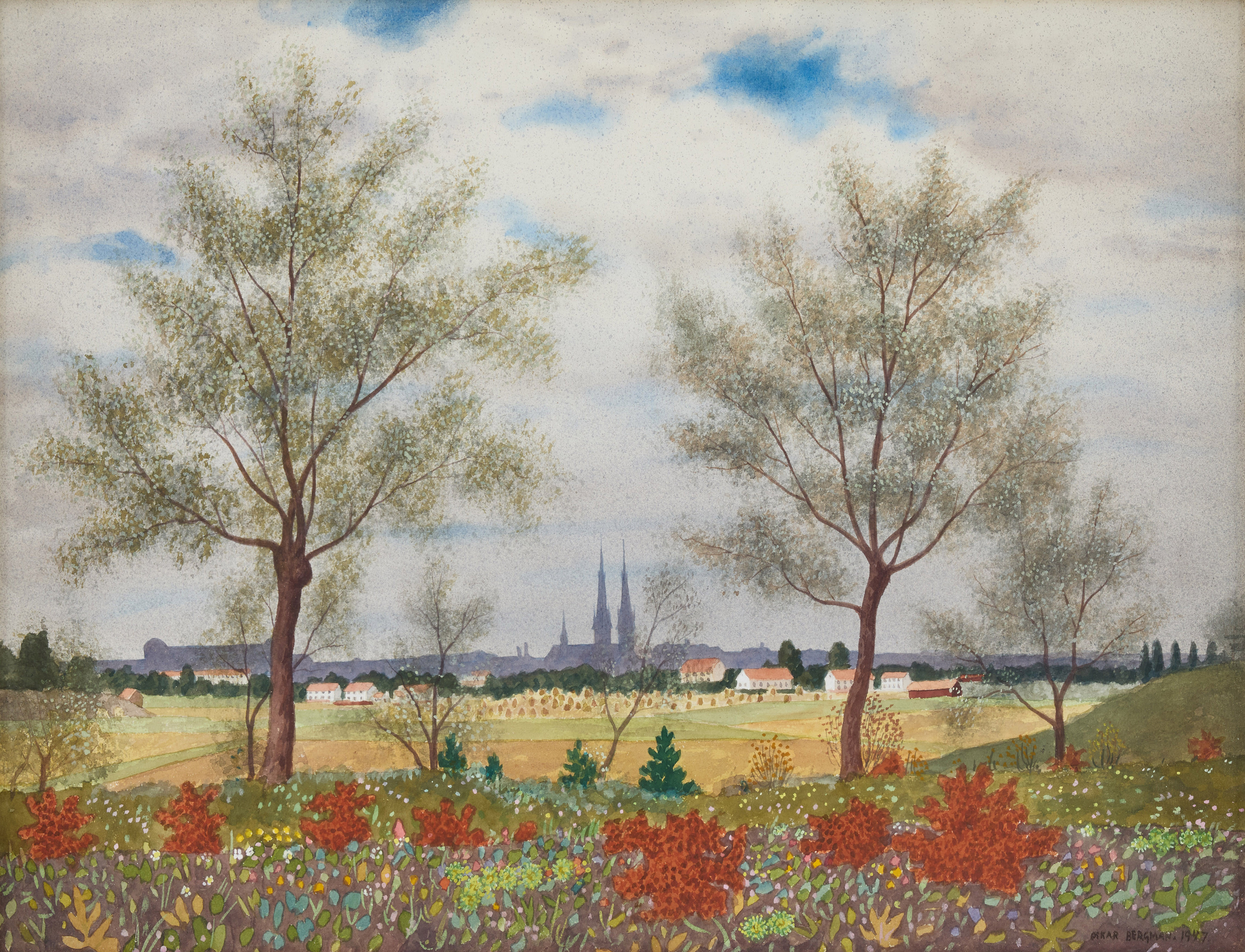 OSKAR BERGMAN. Vy mot Uppsala Slott och Domkyrkan.