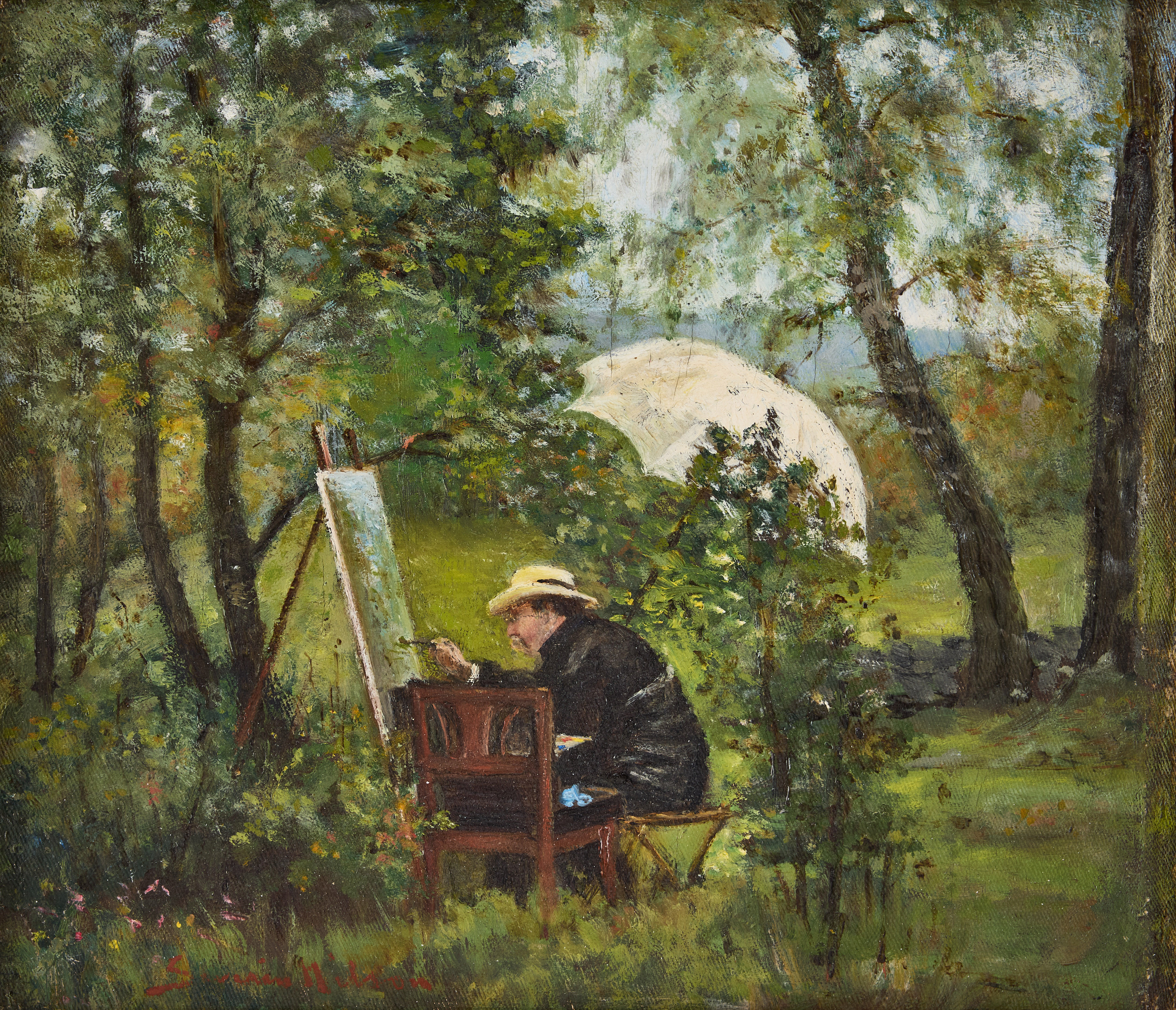 SEVERIN NILSON. Friluftsmålaren (Severin Nilson vid staffliet i Oktorp, Halland).