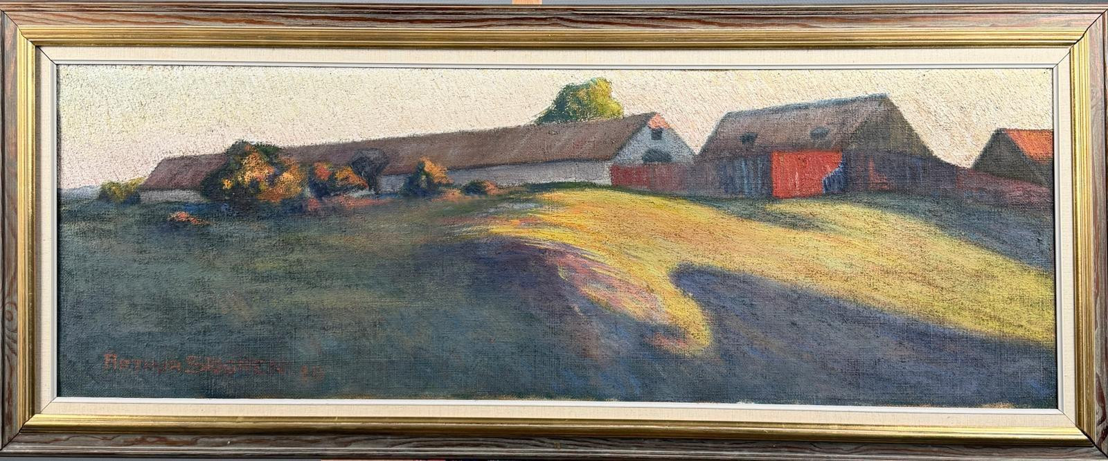 ARTHUR SJÖGREN (1874-1951). Gården, olja på duk, signerad och daterad Artur Sjögren 95, ca 46x132,5 cm, ram ca 61x148 cm. Arthur Sjögren, var en svensk målare, tecknare, typograf och bokhistoriker. Han är representerad vid Nationalmuseum.