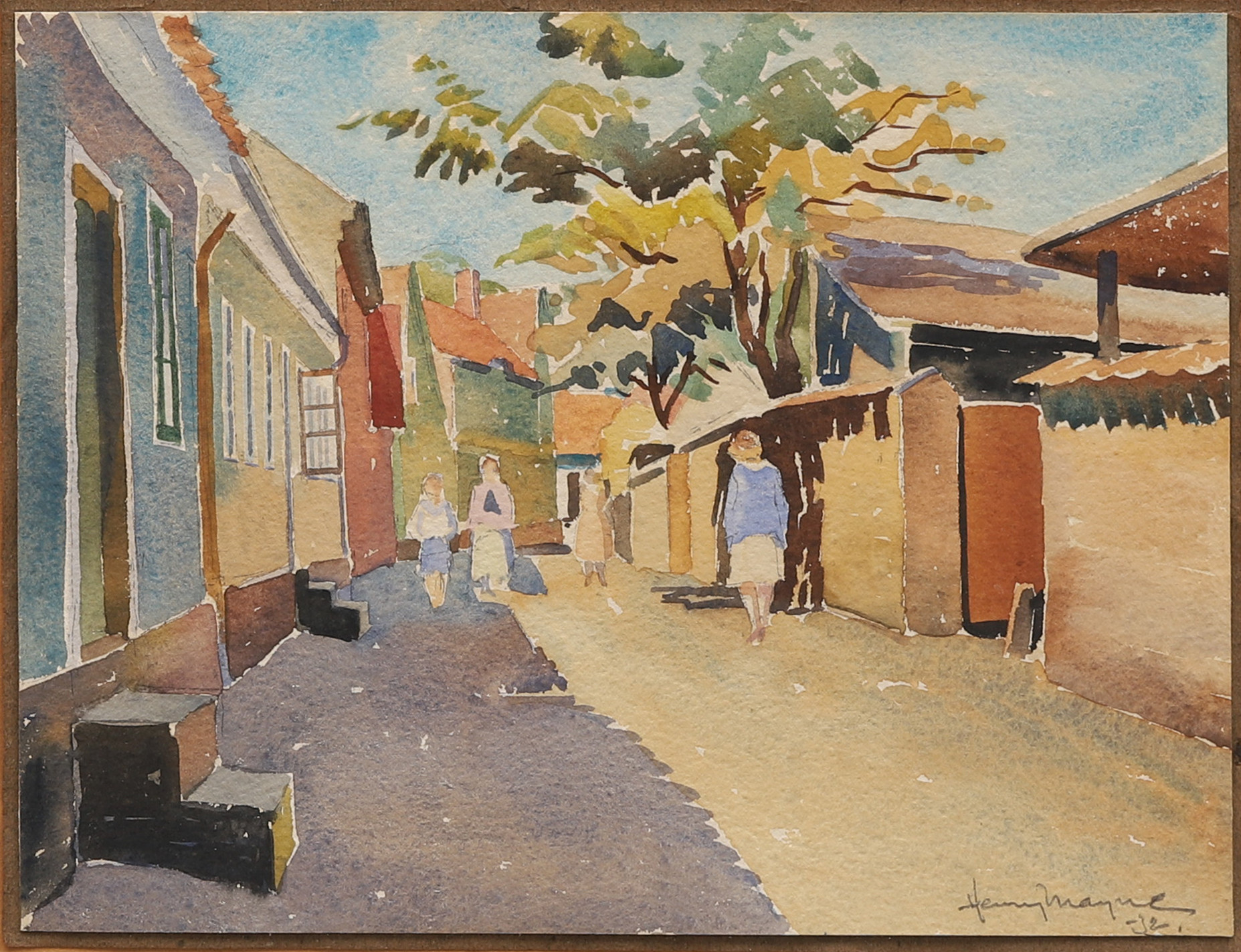 HENRY MAYNE. Motiv troligen från Regeringsgatan, simrishamn, akvarell, signerad och daterad -32.