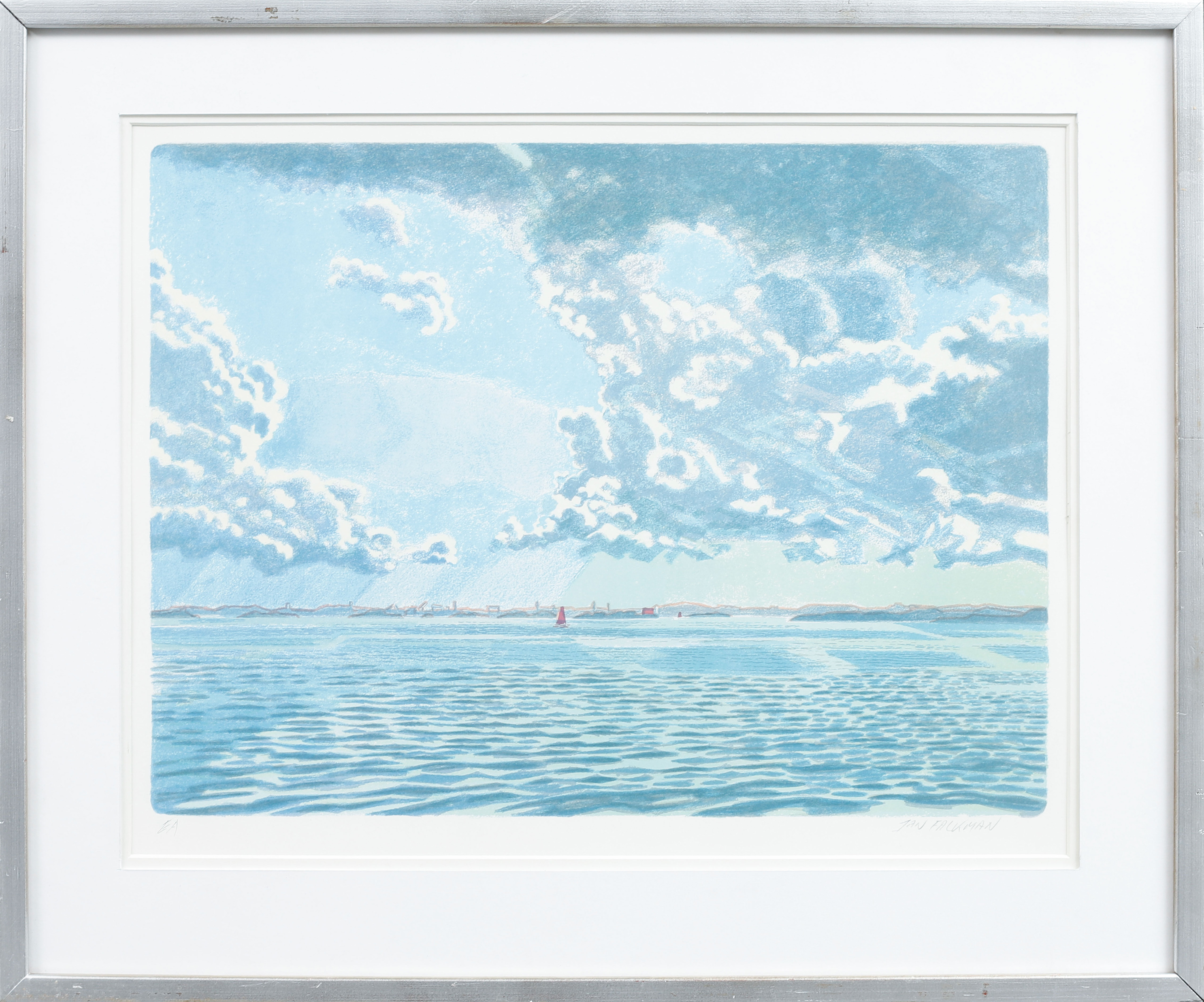 JAN FALKMAN. Kustbild, färglitografi, signerad. EA.