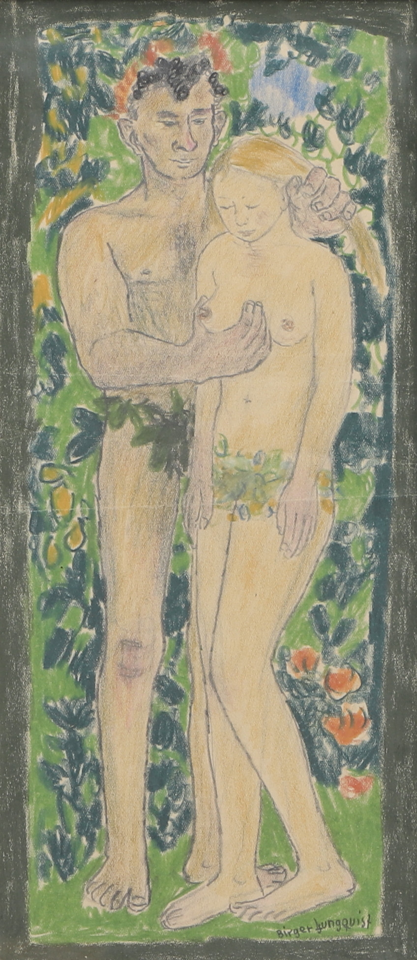 BIRGER  LJUNGQUIST. Teckning/blandteknik, "Man o kvinna", signerad.