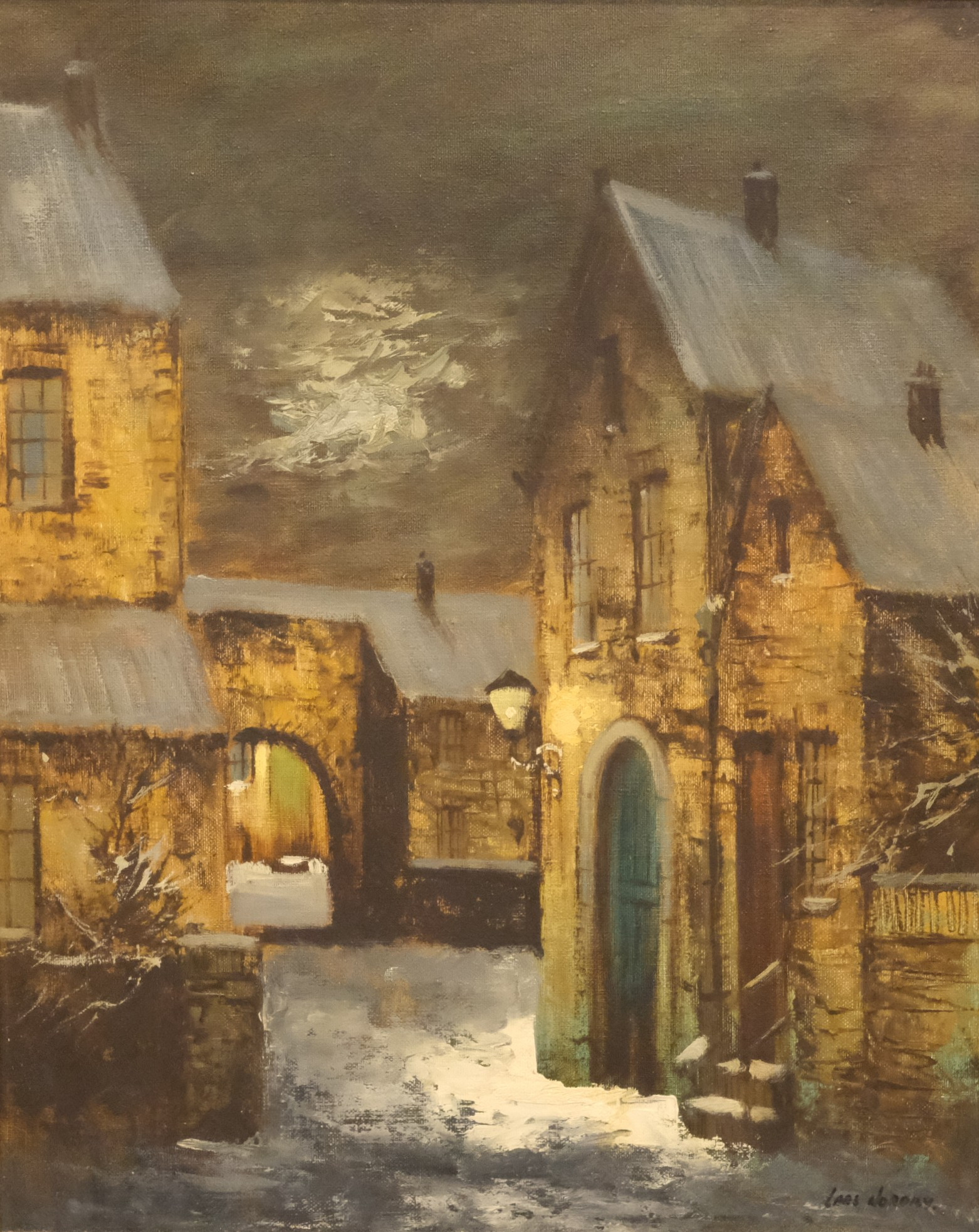 LARS NORDBY. BY I MÅNLJUS, OLJA PÅ DUK.
