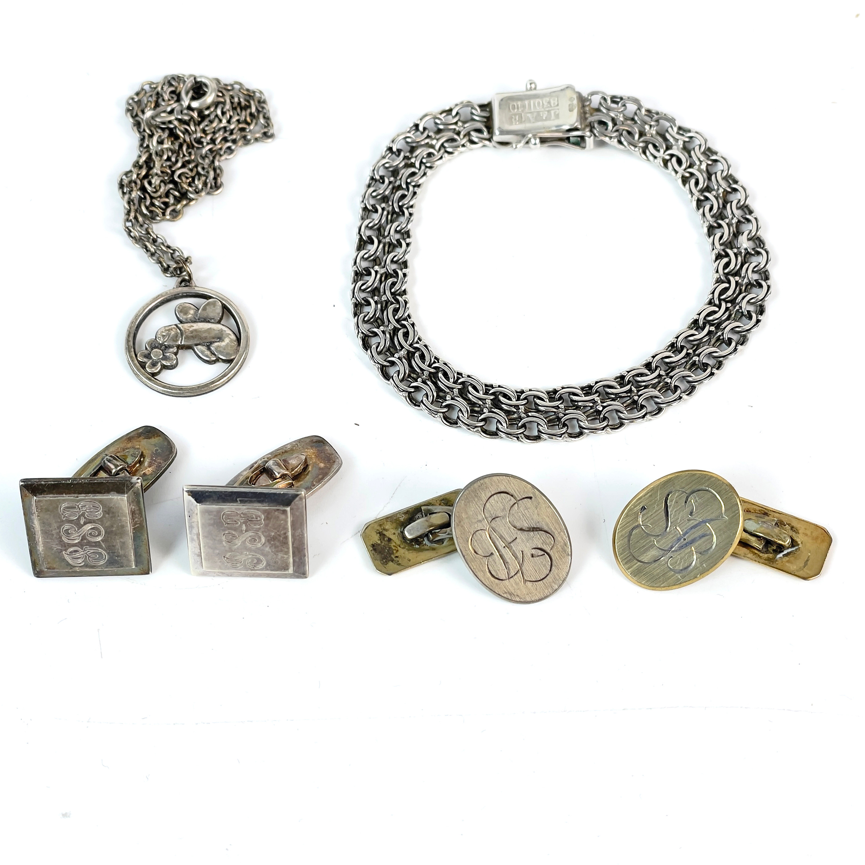 SMYCKEN, silver, armband, hänge med kedja, manschettknappar.