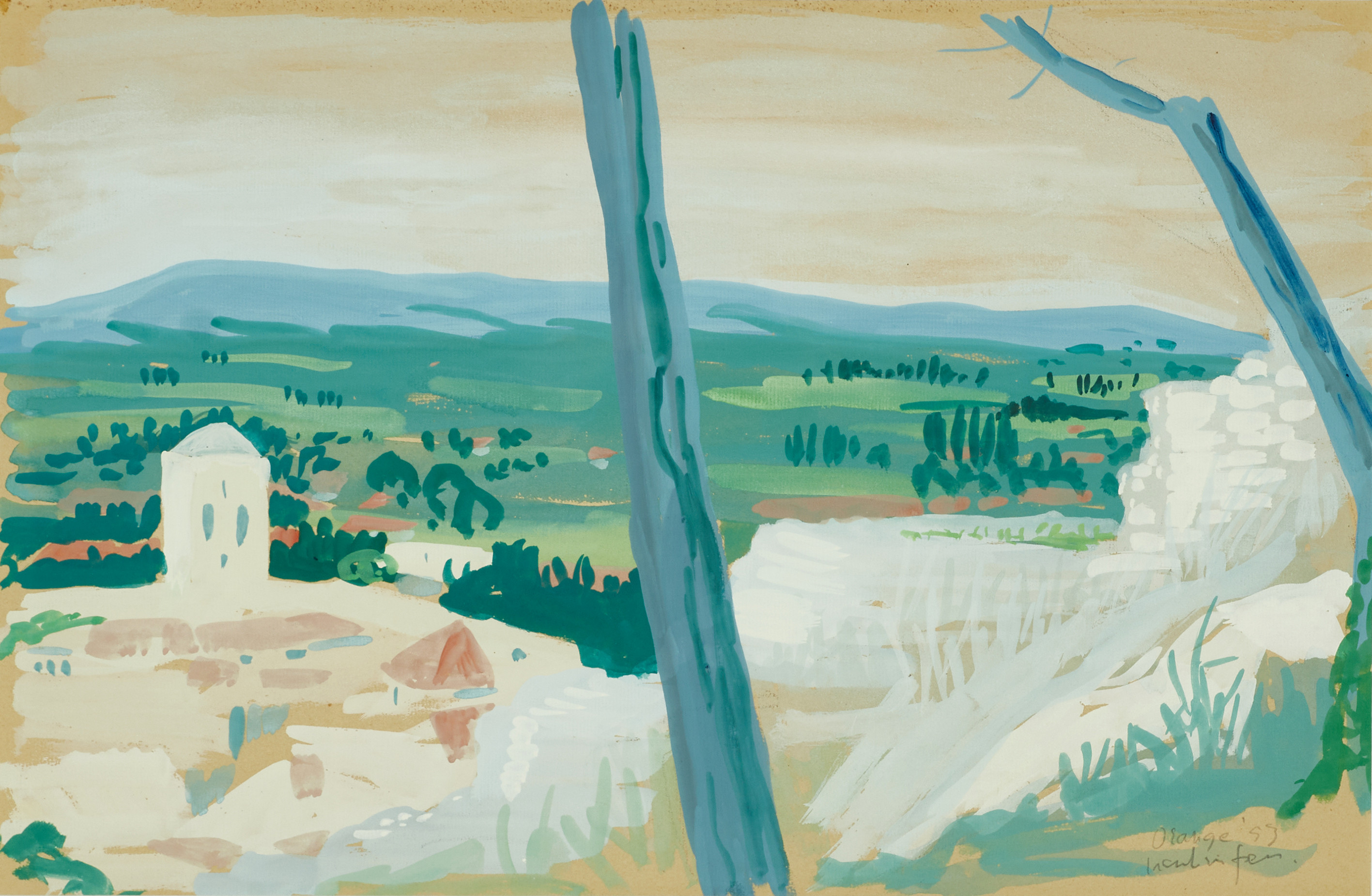 OIDENTIFIERAD KONSTNÄR. Landskapsmotiv från Orange i Frankrike, daterad -53, gouauche.