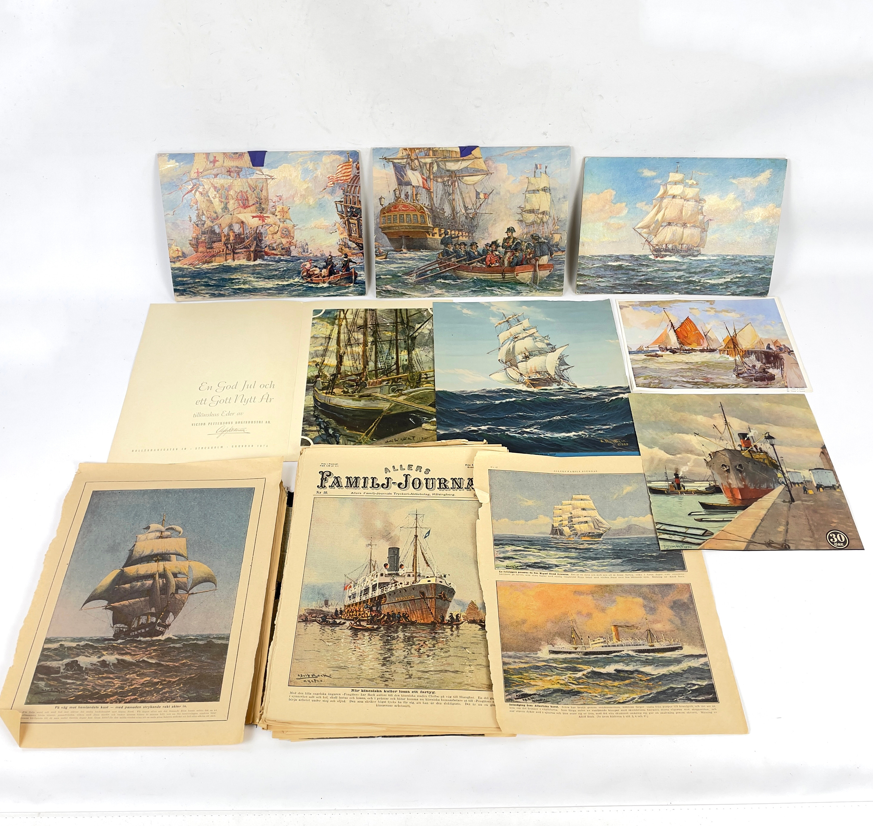 REPRODUKTIONER samt TIDNINGSURKLIPP, marint tema, bl a 3 st reproduktioner efter målningar av Bernard F. Gribble (1872–1962), producerade av Raphael Tuck & Sons Ltd., England. 1900-talets första del.