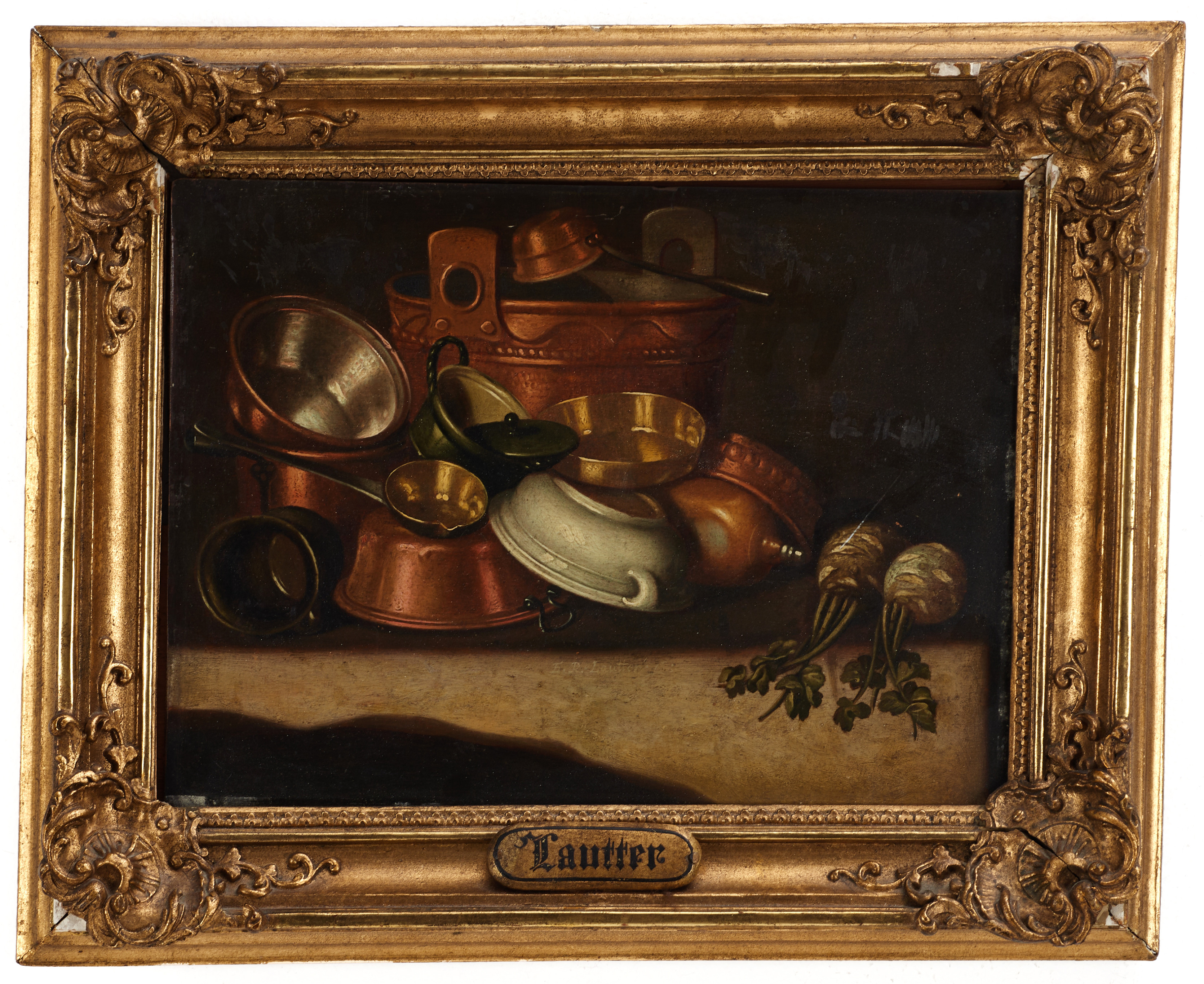 E.K. LAUTTER (XVIII-XIX): Stilleben med kopparföremål, signerad E.K Lautter, olja på pannå.