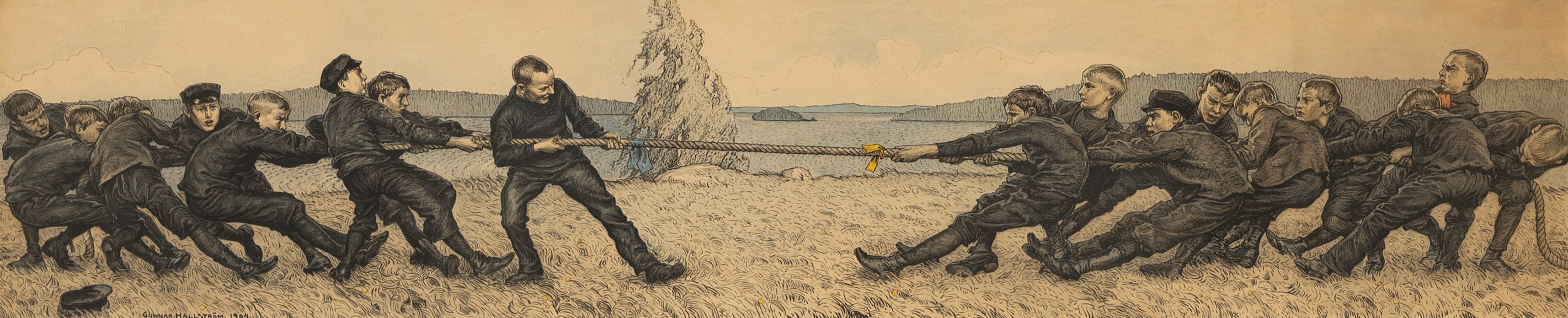 GUNNAR HALLSTRÖM (1875-1943). Gossar i dragkamp, blandteknik på papper, signerad, daterad 1904.
