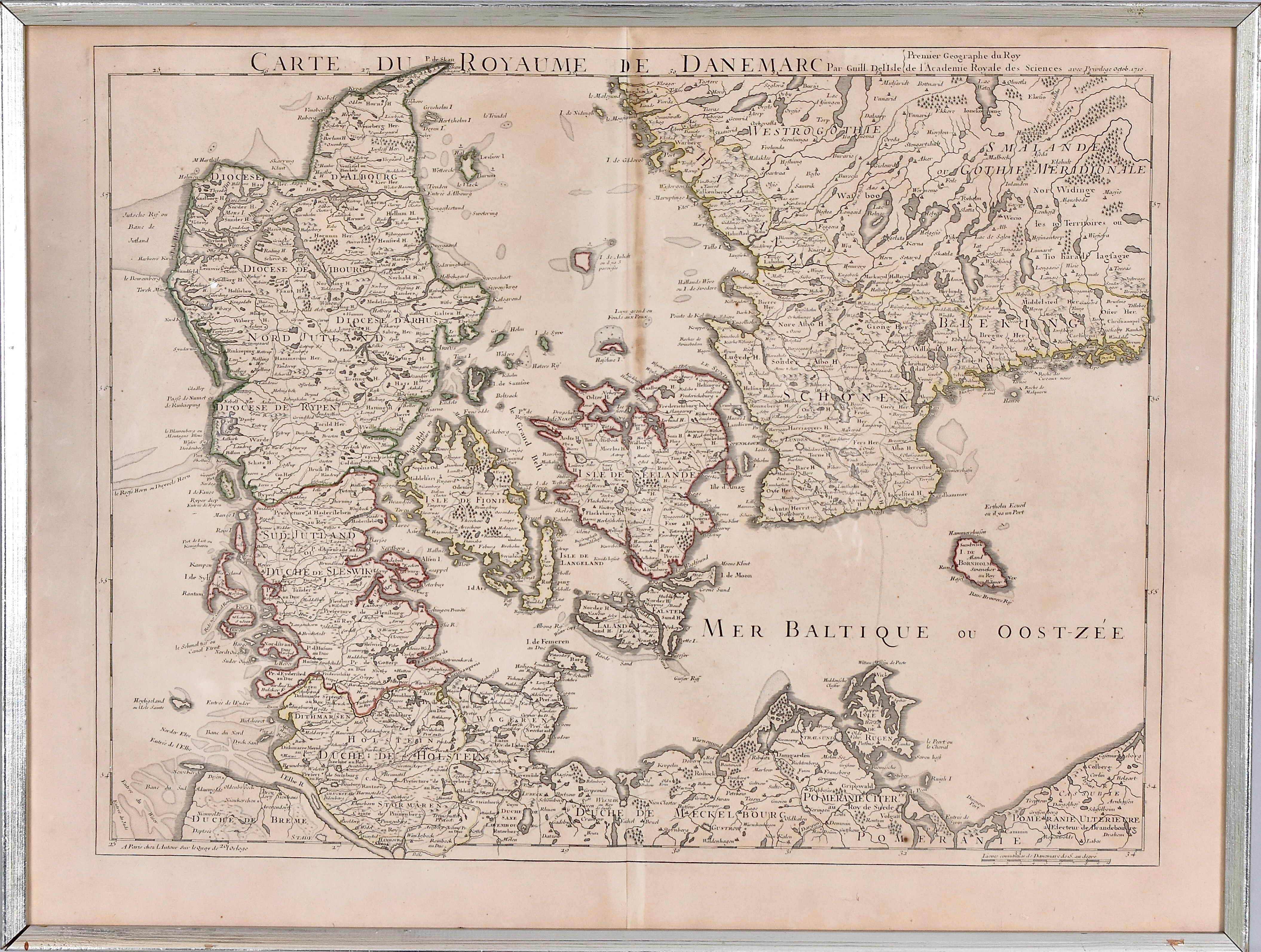 GUILLAUME DE L'ISLE. karta, kopparstucken och handkolorerad, "Carte du Royaume de Danemarc" 1710.