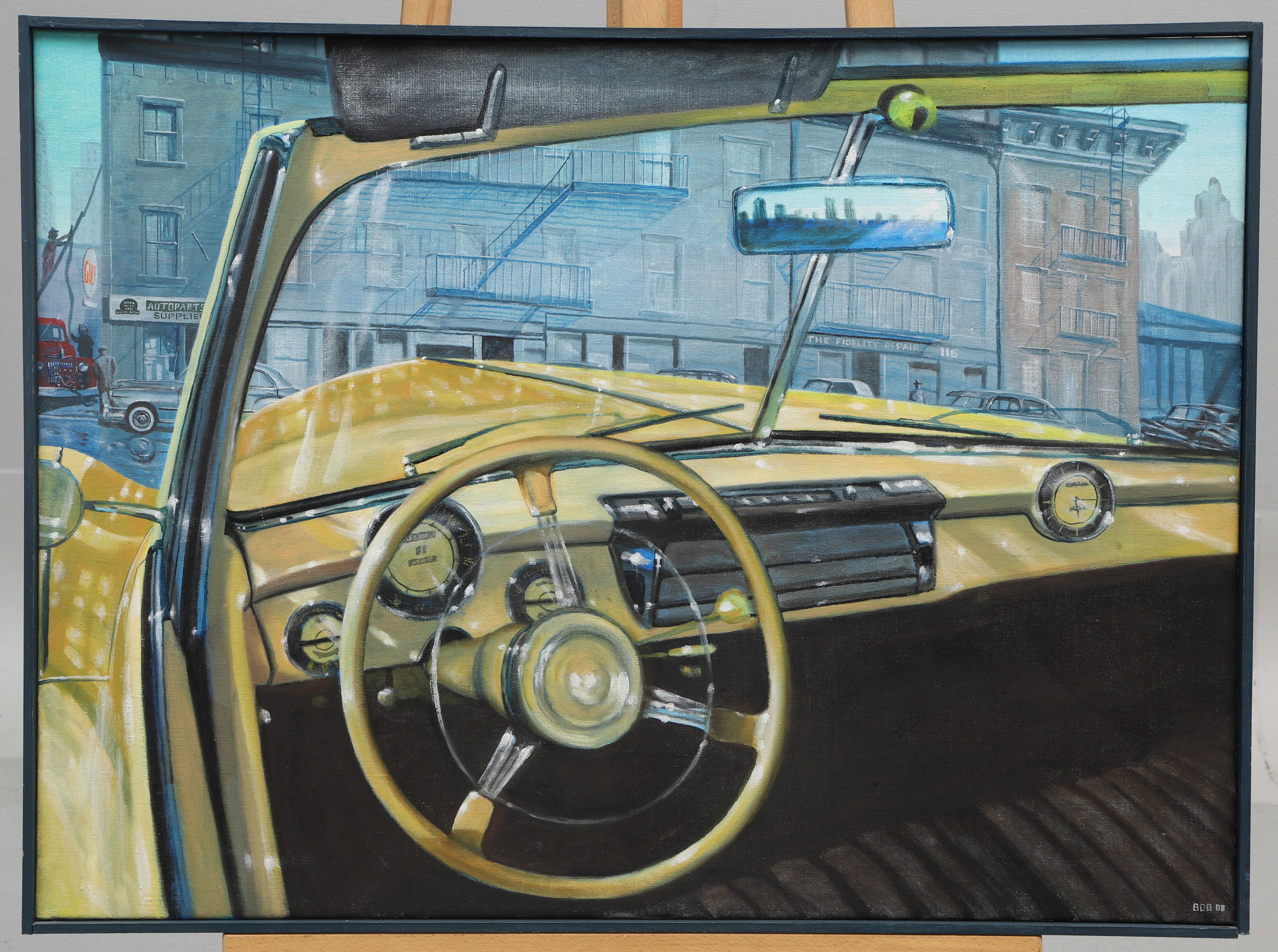 BOB MATSON. Olja på duk, bil utanför bilverkstad, signerad, 1980-tal.